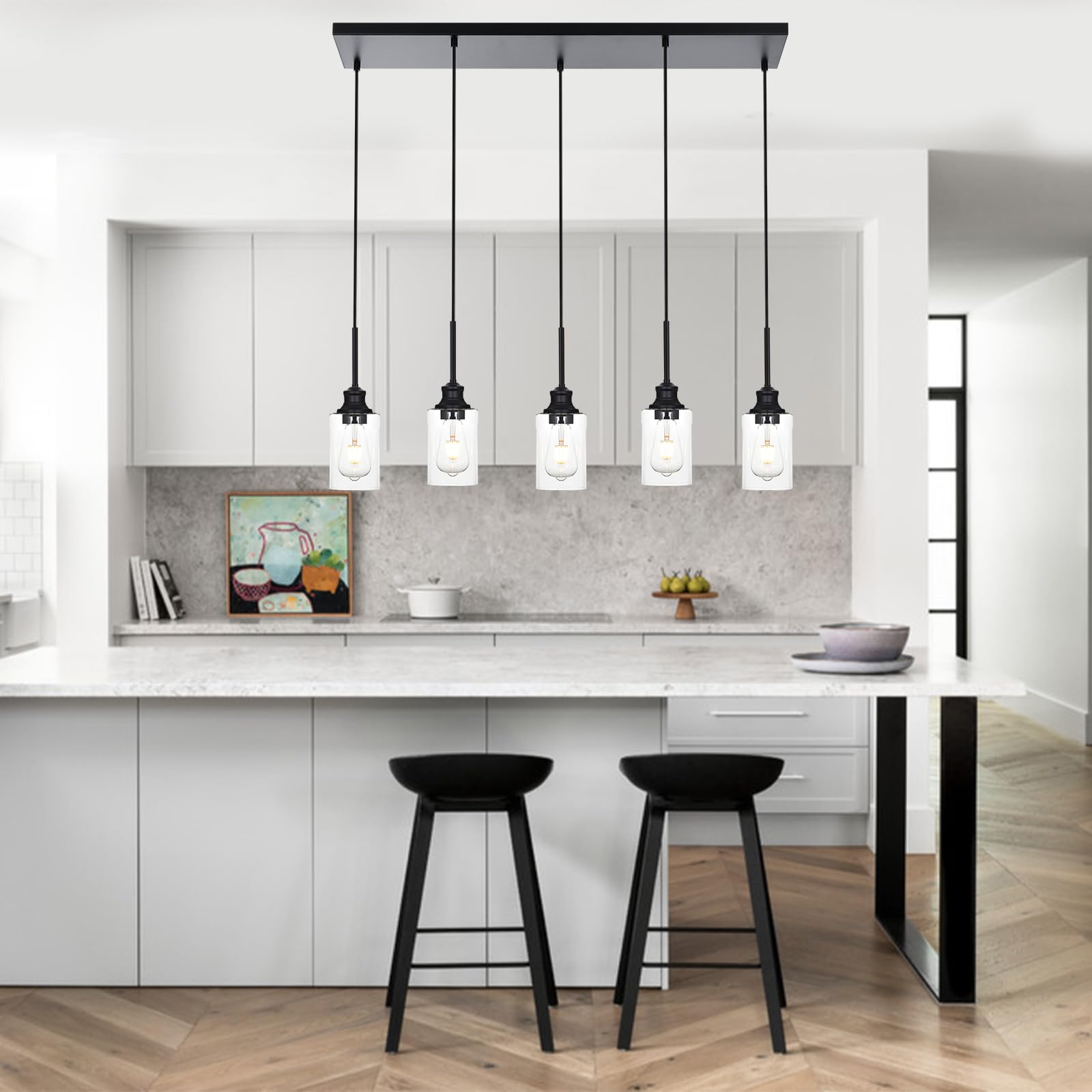 3-Light Kitchen Island Pendant Light Fixtures Hanging Black Farmhouse Pendant Lighting Cluster with Clear Glass Shade, Modern Industrial Linear Chandeliers Light for Dining Room Foyer Hallway