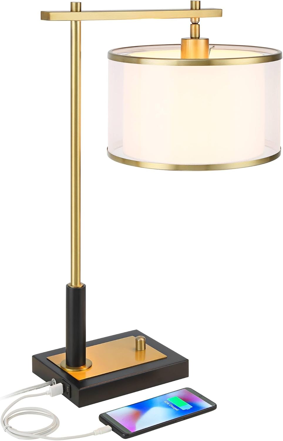 23 1/2" High Small Mid Century Modern Glam Luxe Desk Lamp with Dual USB Ports Black Warm Gold Metal Single Shade Home Office Living Room Charging Bedroom Bedside