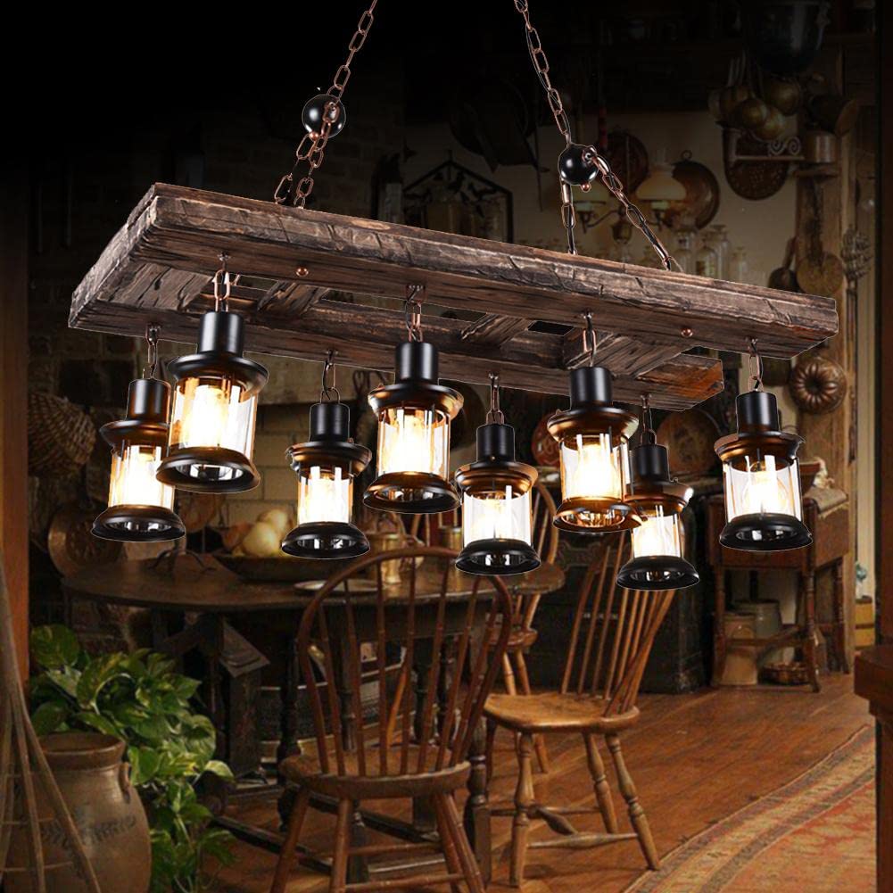 8 Lights Industrial Retro Wooden Chandelier Pendant Light Island Hanging Ceiling Fixture Vintage Farmhouse Wood Light Adjustable Chain for Home Cafe Bar Restaurant (39.4")