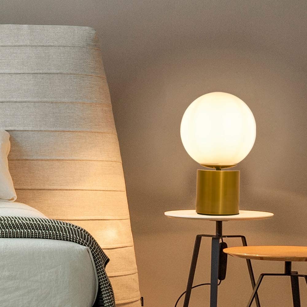 Modern Gold Globe Table Desk Lamp,Vintage Mid Century Round Table Lamp with White Glass Shade Metal Base for Bedroom Bedside Lamp Living Room End Table