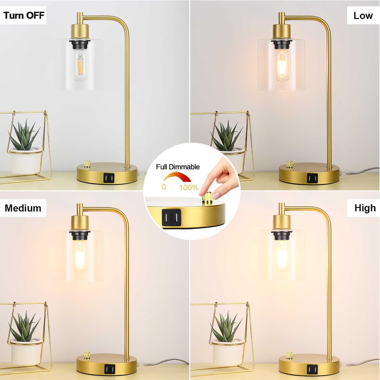 Industrial Table Lamp with 2 USB Charging Ports, Fully Stepless Dimmable Modern Nightstand Lamp, Glass Shade Bedside Desk Lamp for Bedroom Living Room Office, 6W 2700K LED Edison Bulb Included