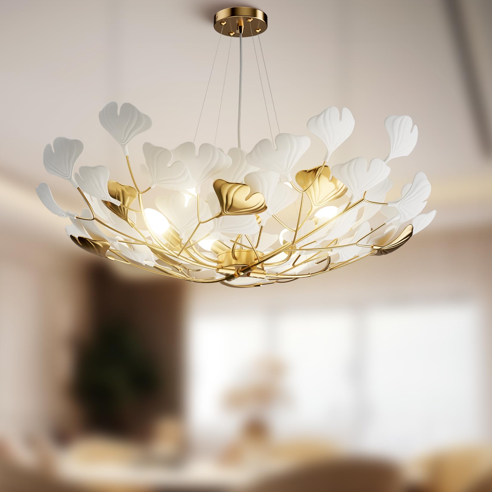 31.5 Inch Round Branch Chandelier, Gold Ceramic Chandeliers for Dining Room Bedroom, Modern Art Deco Chandeliers with Ginkgo Leaves, Luxury Hanging Lights Fixture