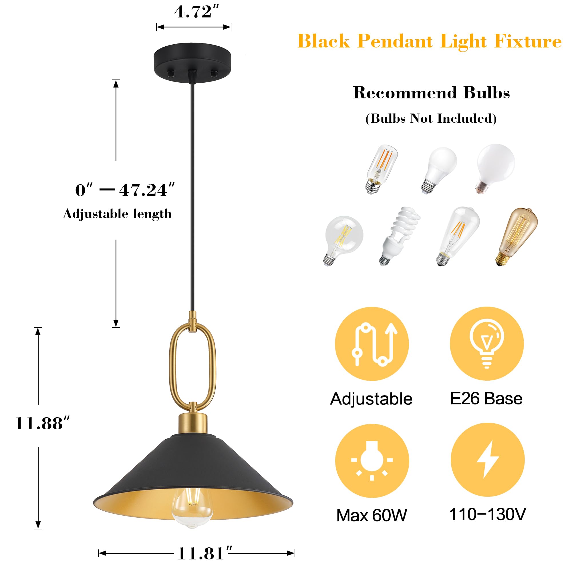 Black Farmhouse Pendant Light, Adjustable Height, Vintage Hanging Industrial Ceiling Lights Fixture for Kitchen Island Hallway Dining Room 2 Pack