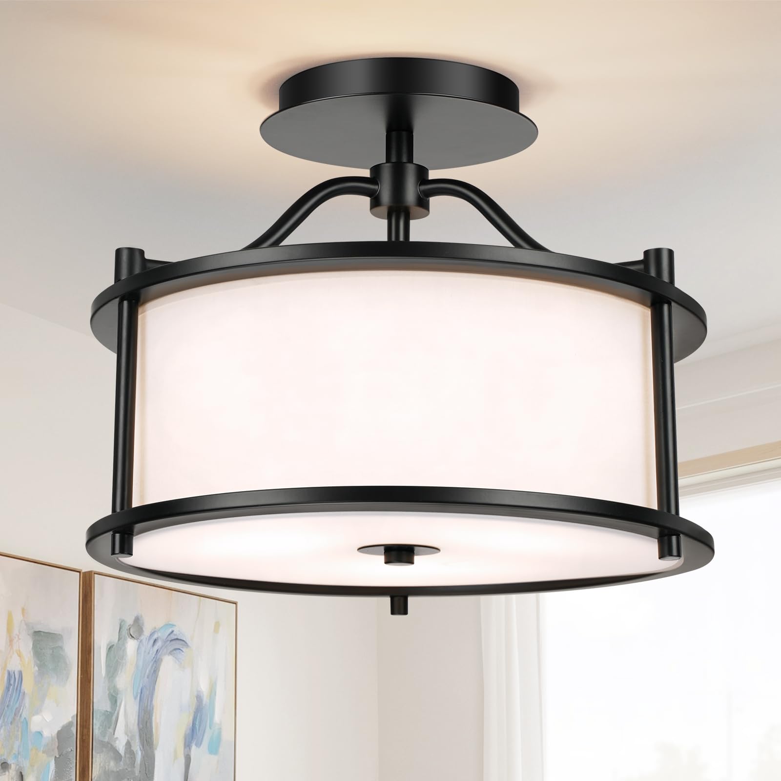 4 Light Semi Flush Mount Ceiling Light 15.7 Inches Light Fixture with Metal Frame Fabric Shade Modern Ceiling Light for Living Room Bedroom Kitchen Dining Room Entryway Hallway