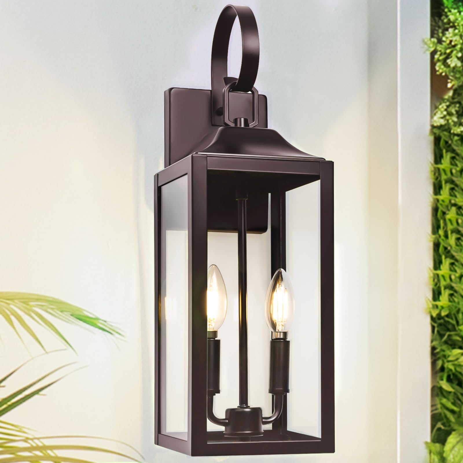 19" Black Outdoor Wall Lantern 2-Light, Large Outside Modern Wall Sconce Light Fixture, Industrial Porch Light Wall Mount with Glass, Waterproof Farmhouse Exterior Lamp Lighting （1 Pack）