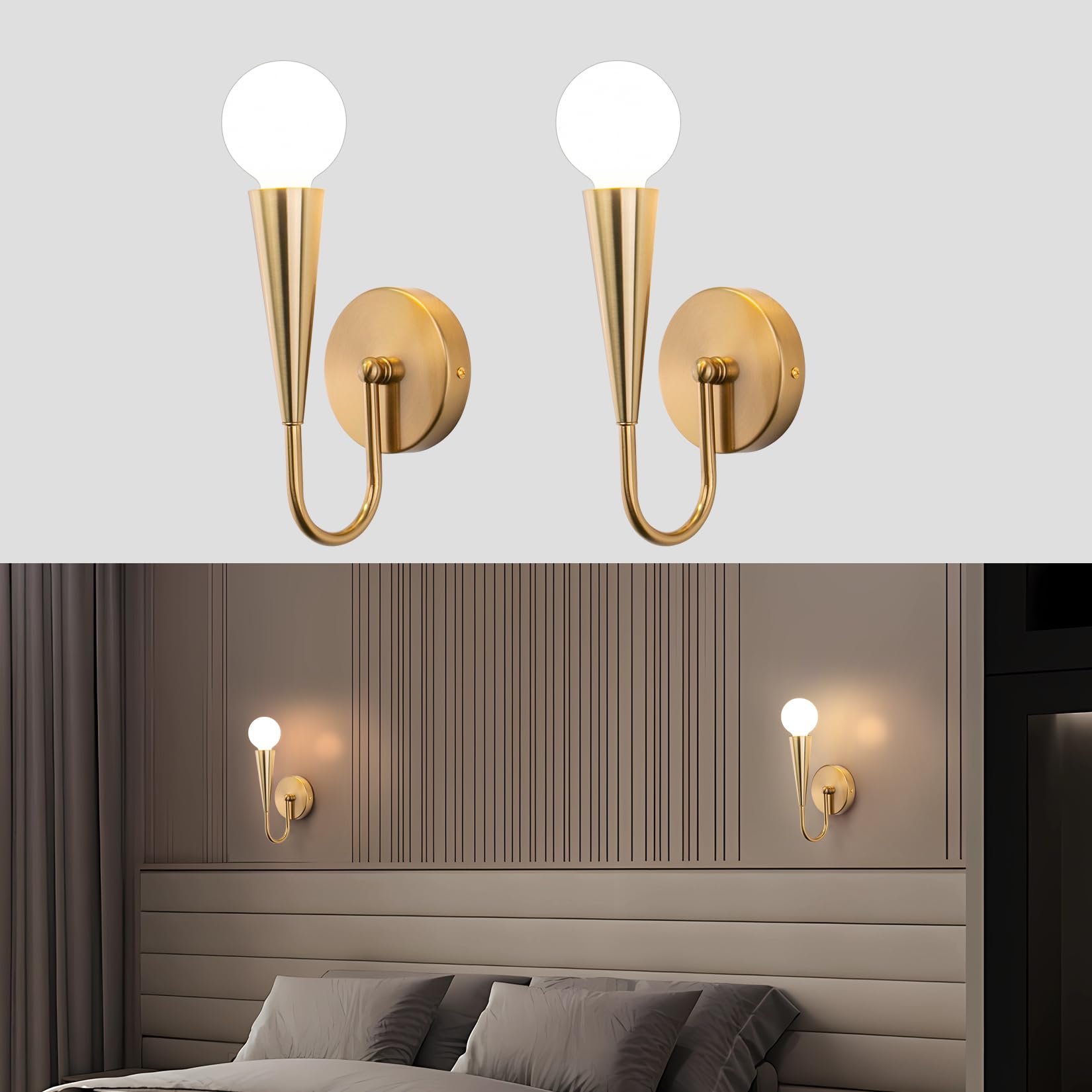 LED Gold Wall Sconce 2-Light Fixture Indoor Mid Century Wall lamp Vanity Light Fixture with Glass Shade for Bedroom Living Room Hallway Kitchen 22.4inch（Left-Short）