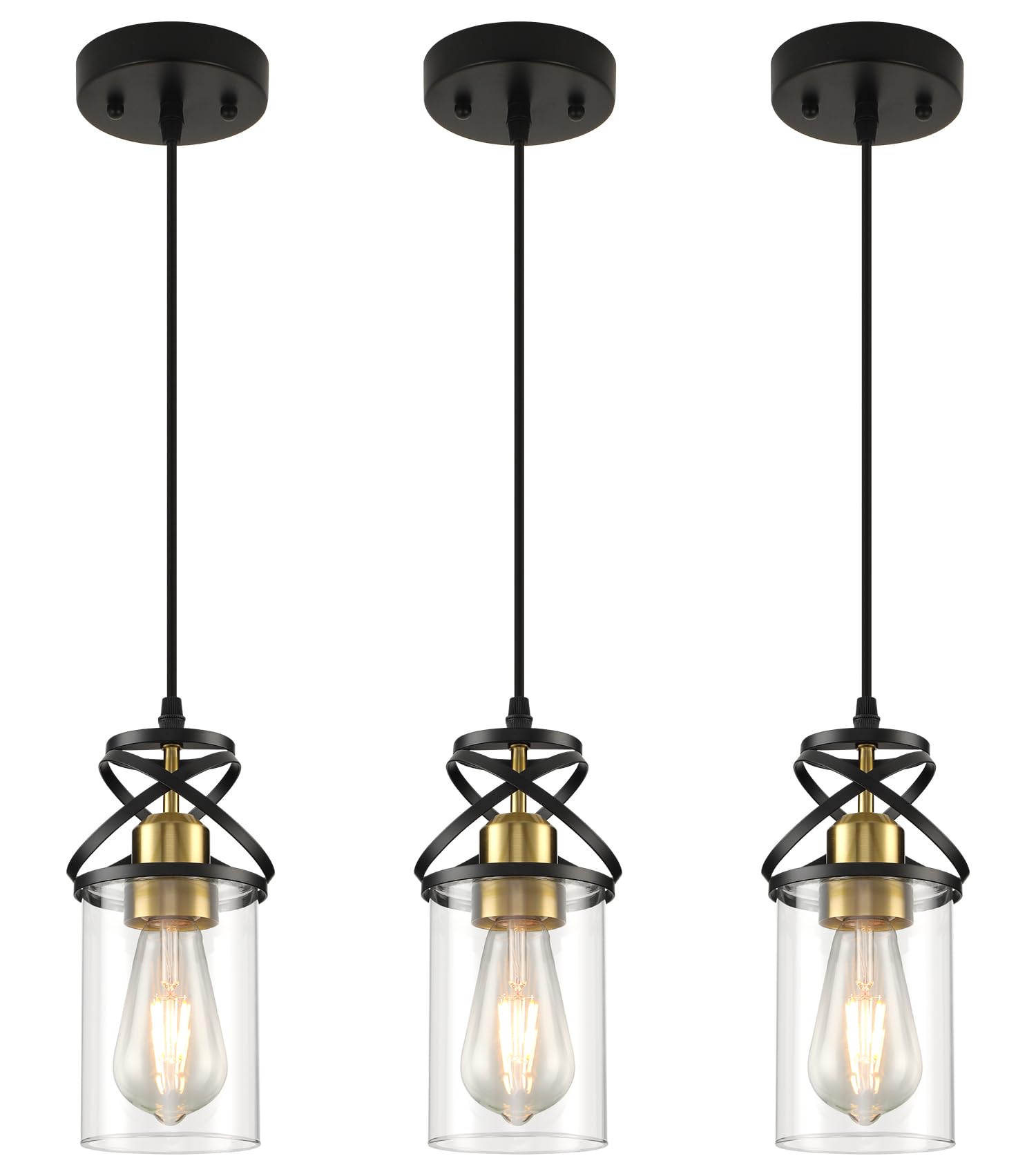 Modern Pendant Light Fixture Farmhouse Hanging Light with Clear Glass Shade, Industrial Black and Gold Pendant Lighting for Kitchen Island Dining Room Bedroom