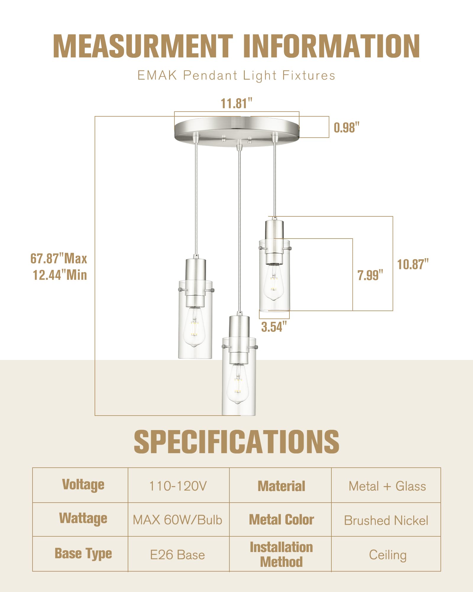 Emak Gold Pendant Light Fixtures, 3-Light Pendant Lights with Clear Glass Shade, Modern Farmhouse Hanging Lights for Kitchen Island, Dining Room, Bathroom, Bedroom, PL120-GD-CL