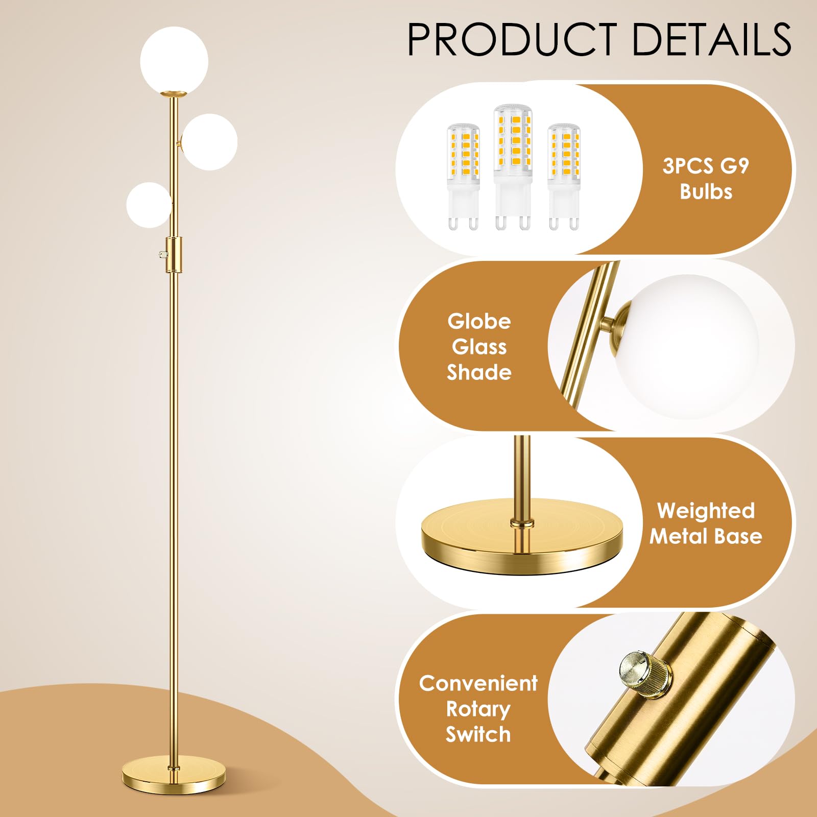 69" 3-Globe Mid Century Floor Lamp for Living Room, Modern Dimmable Tall Standing Lamp with Frosted Glass Shades, Contemporary Gold Pole Lamp for Bedroom Office, 3 LED Bulbs Included