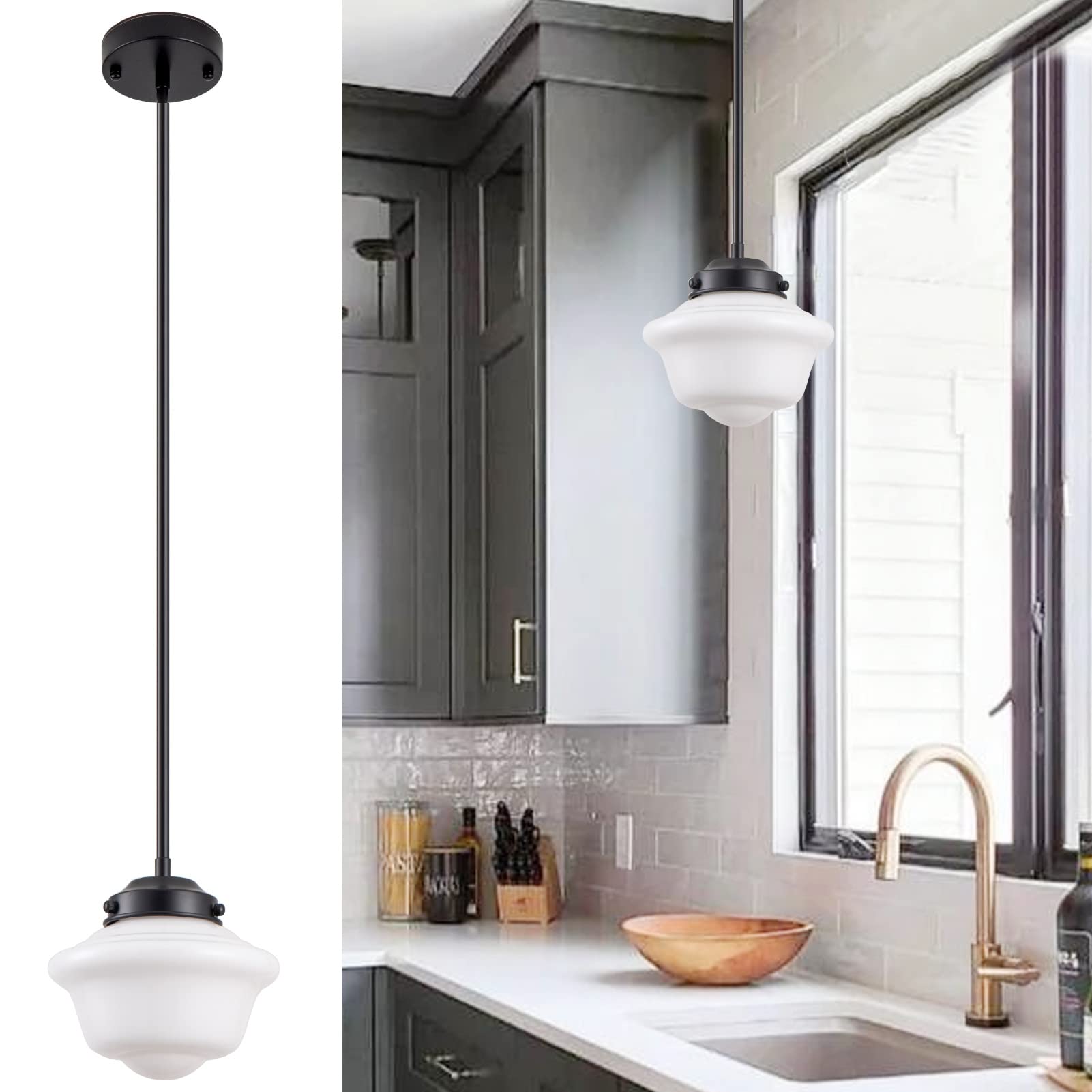 Pendant Lighting Black, 8" Milk Glass Pendant Light Shade, Farmhouse Ceiling Pendant Light Fixture with Adjustable Rods for Living Room Kitchen Dining Room Hallway Island