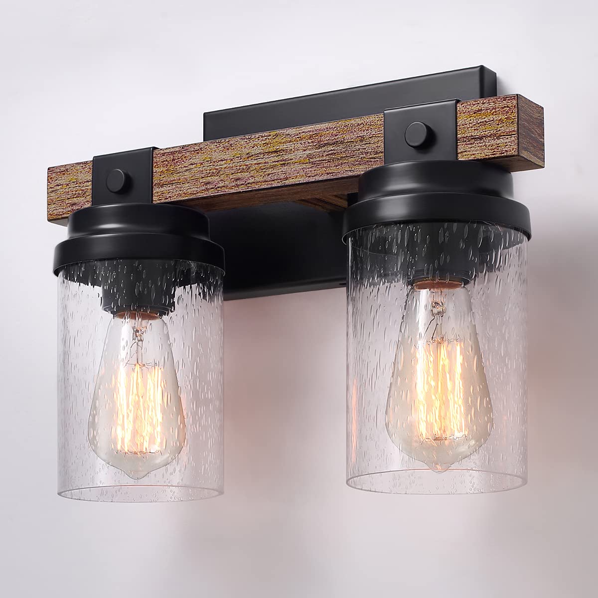 2-Light Farmhouse Vanity Lights for Bathroom, Rustic Bathroom Light Fixtures with Pretty Glass Shade, Black Industrial Wood Grain Wall Sconce for Bathroom Hallway Bedroom