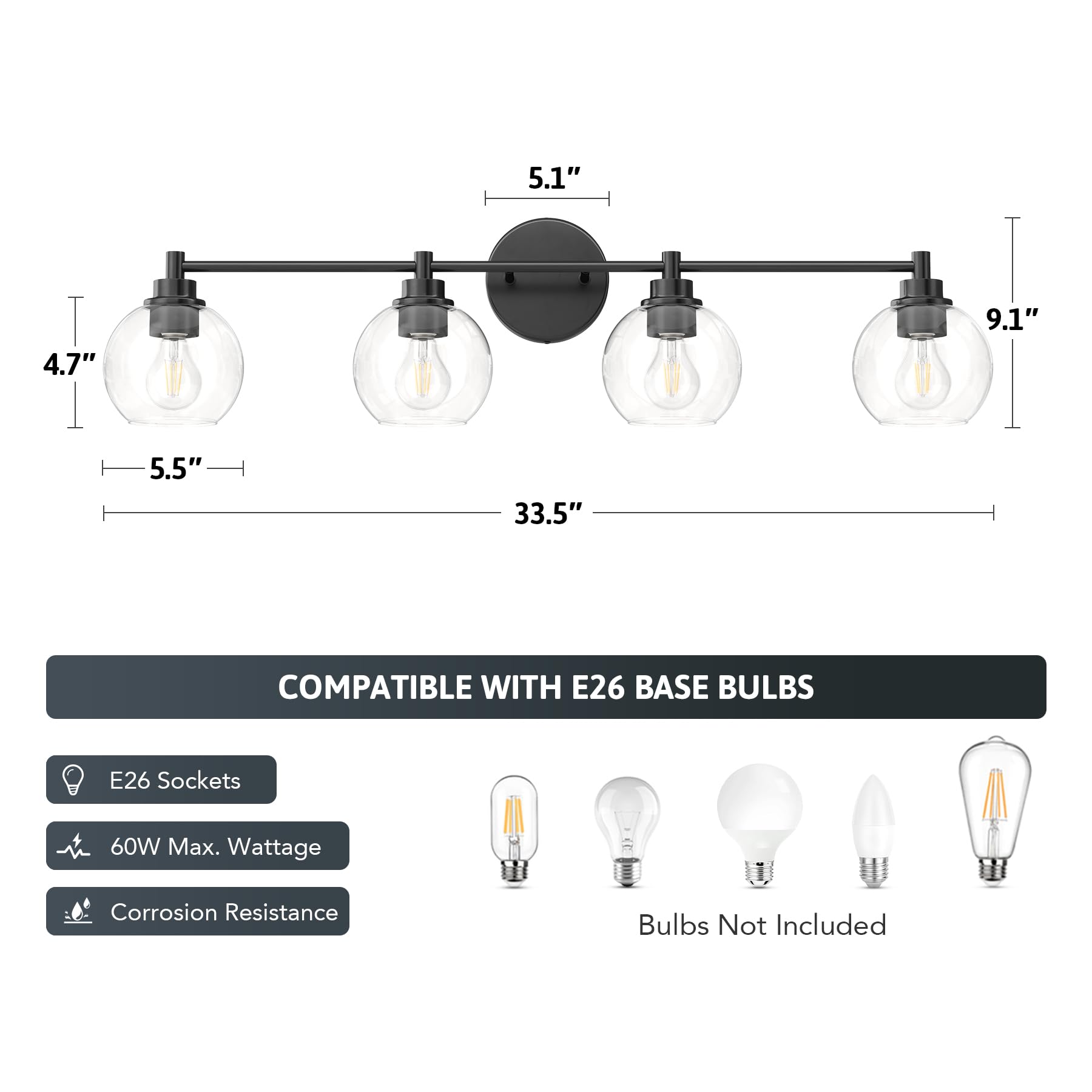 Bathroom Light Fixtures, 2-Light Bathroom Vanity Light with Globe Glass Shades E26 Sockets, Bathroom Lights Over Mirror for Bedroom Hallway Living Room, Gold Finish