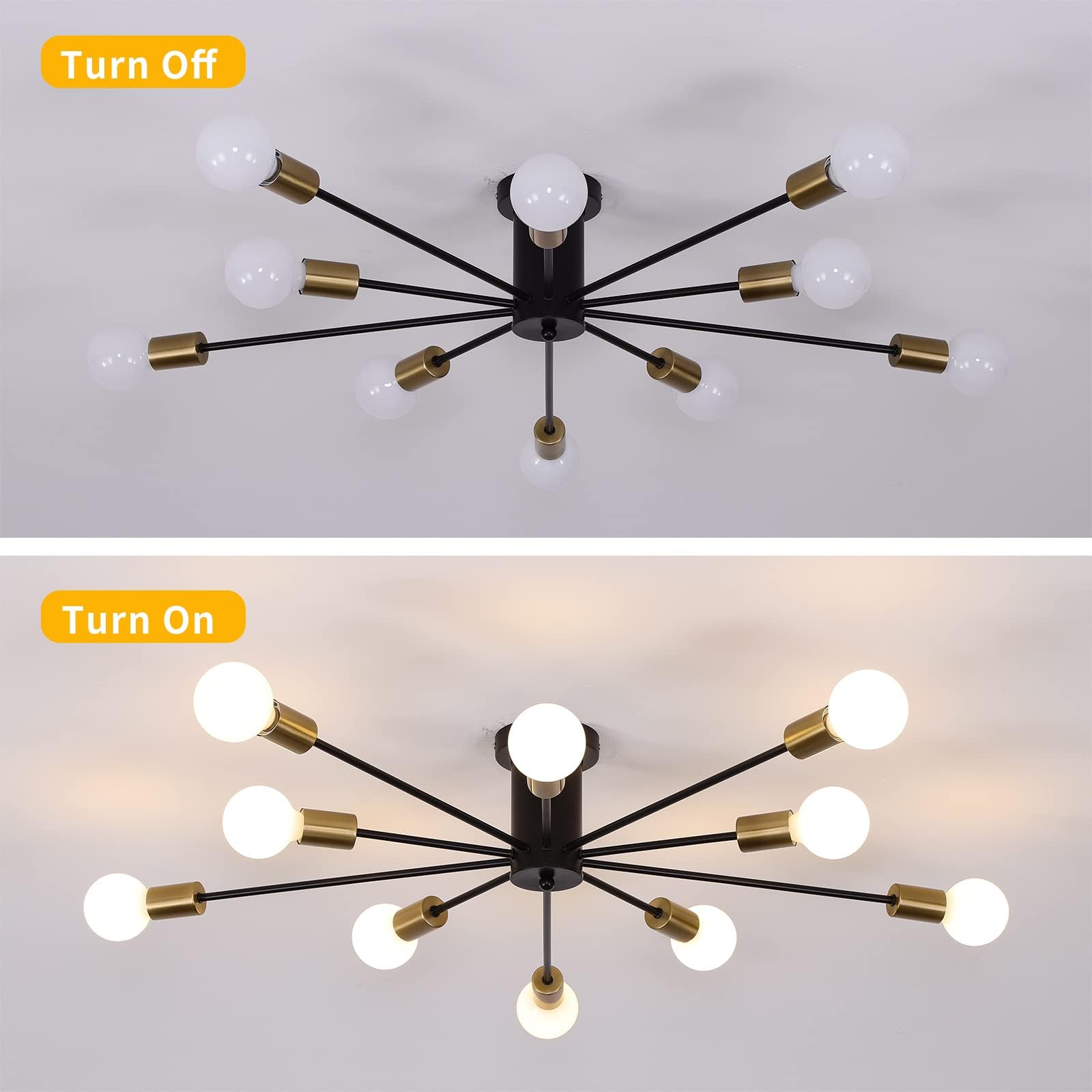 10 Lights Modern Sputnik Ceiling Chandelier Gold Industrial Ceiling Lamp Mid Century Semi Flush Mount Ceiling Light Fixture for Kitchen Dining Room Living Room Bedroom Foyer Lighting