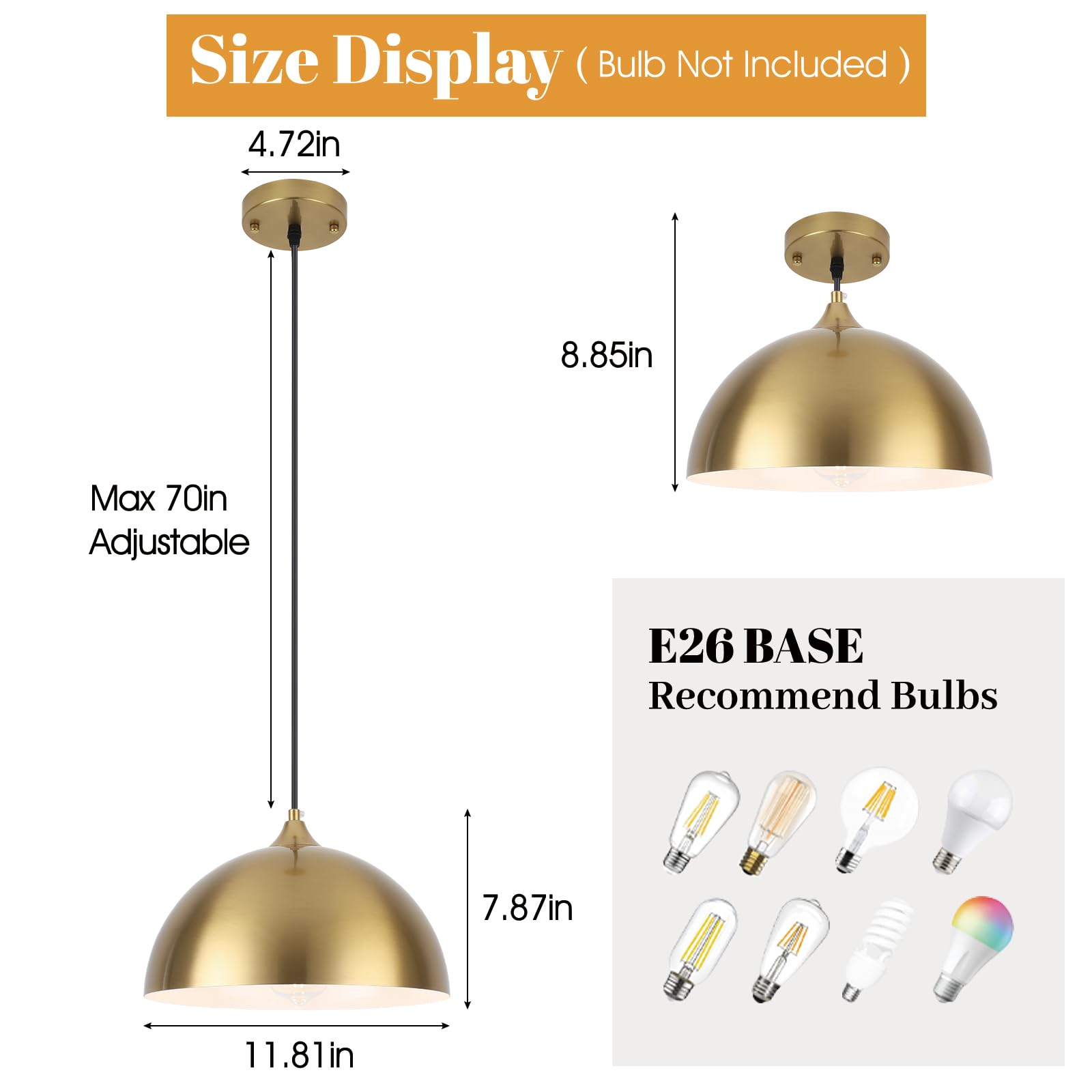 Gold Pendant Light 11.8" Farmhouse Dome Pendant Lights with Brass Finish,Modern Hanging Lamp for Kitchen Island Dining Room Bedroom Restaurant Bar Cafe,2 Pack