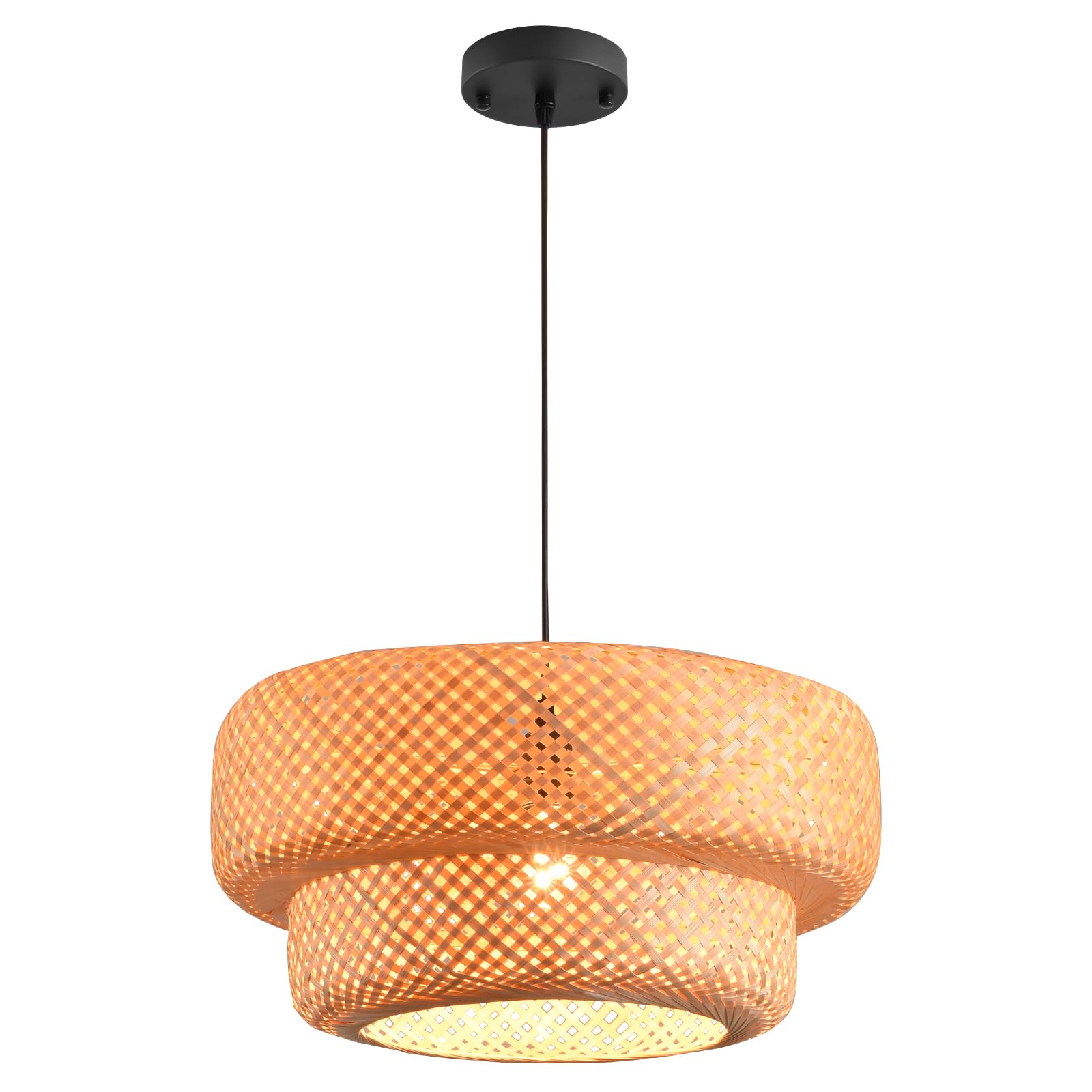 Boho Bamboo Pendant Light, 23.64in Bohemian Hand-Woven Rattan Chandelier Coastal Wicker Lighting Fixtures Hanging Lamp for Kitchen Island Dining Living Room Restaurants Bedroom