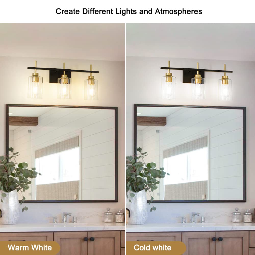 Black and Gold Wall Sconces Set of Two, Bathroom Sconce Wall Lighting Set of 2,Modern Glass Bathroom Wall Light, Wall Mounted Light for Bedroom Living Room Hallway