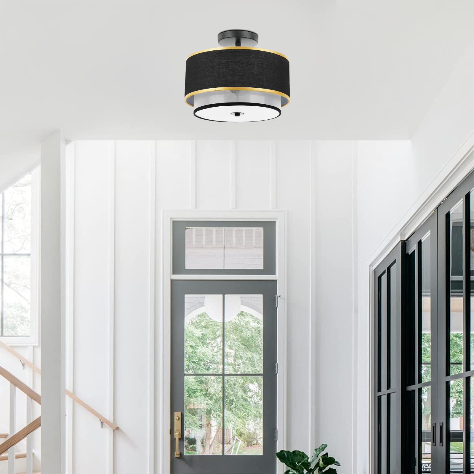 Modern Semi Flush Mount Ceiling Light - Easric Light Fixtures Ceiling Mount Hallway Light Fixtures Ceiling with Black 2-Layer Fabric Shade Drum Ceiling Lights for Bedroom,Dining Room,Kitchen,Foyer