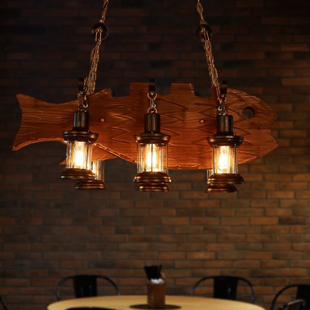 8 Lights Industrial Retro Wooden Chandelier Pendant Light Island Hanging Ceiling Fixture Vintage Farmhouse Wood Light Adjustable Chain for Home Cafe Bar Restaurant (39.4")