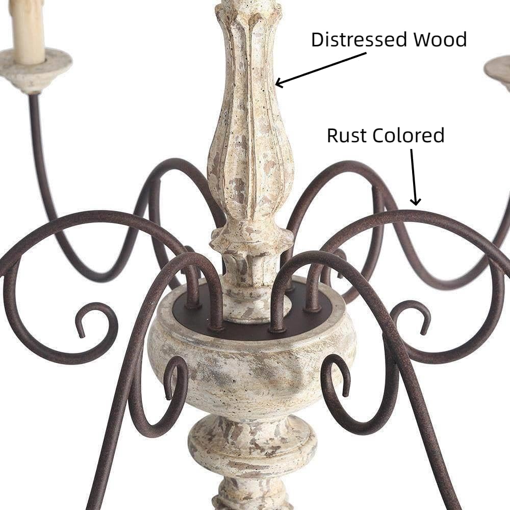 Farmhouse Chandelier, 6-Light Wood French Country Chandelier, Rustic Wooden Chandeliers Light Fixture for Dining Room, Living Room, Bedrooms, Foyer, Stairway, Distressed Wood and Rust Colored