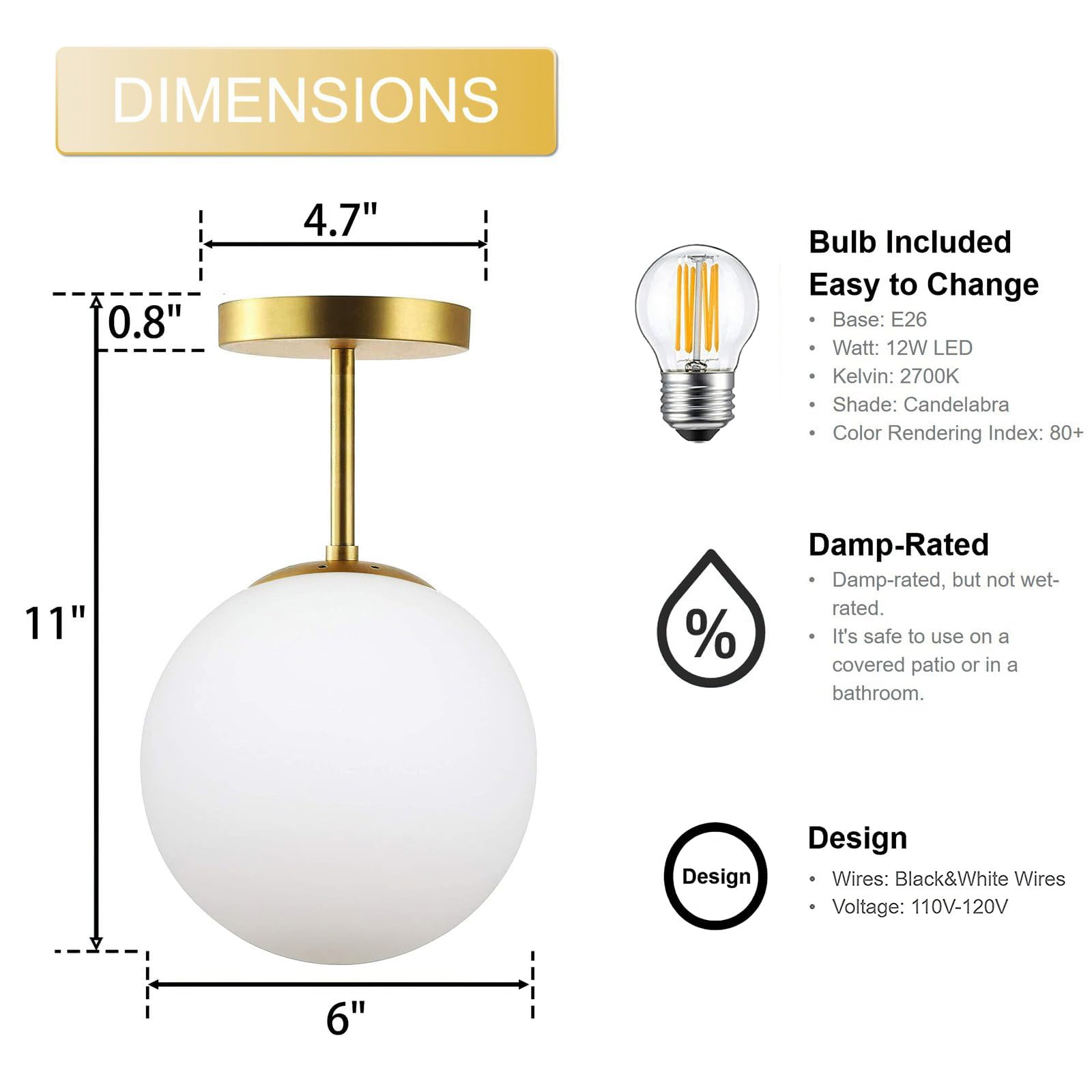 KoKo&Yukina 3-Light Semi Flush Mount Ceiling Light Globe Ceiling Light Mid Century Ceiling Light with Opal Milk Glass Globe & Brushed Brass for Bedroom Hallway Entryway Kitchen Living Room-Bulb Incl