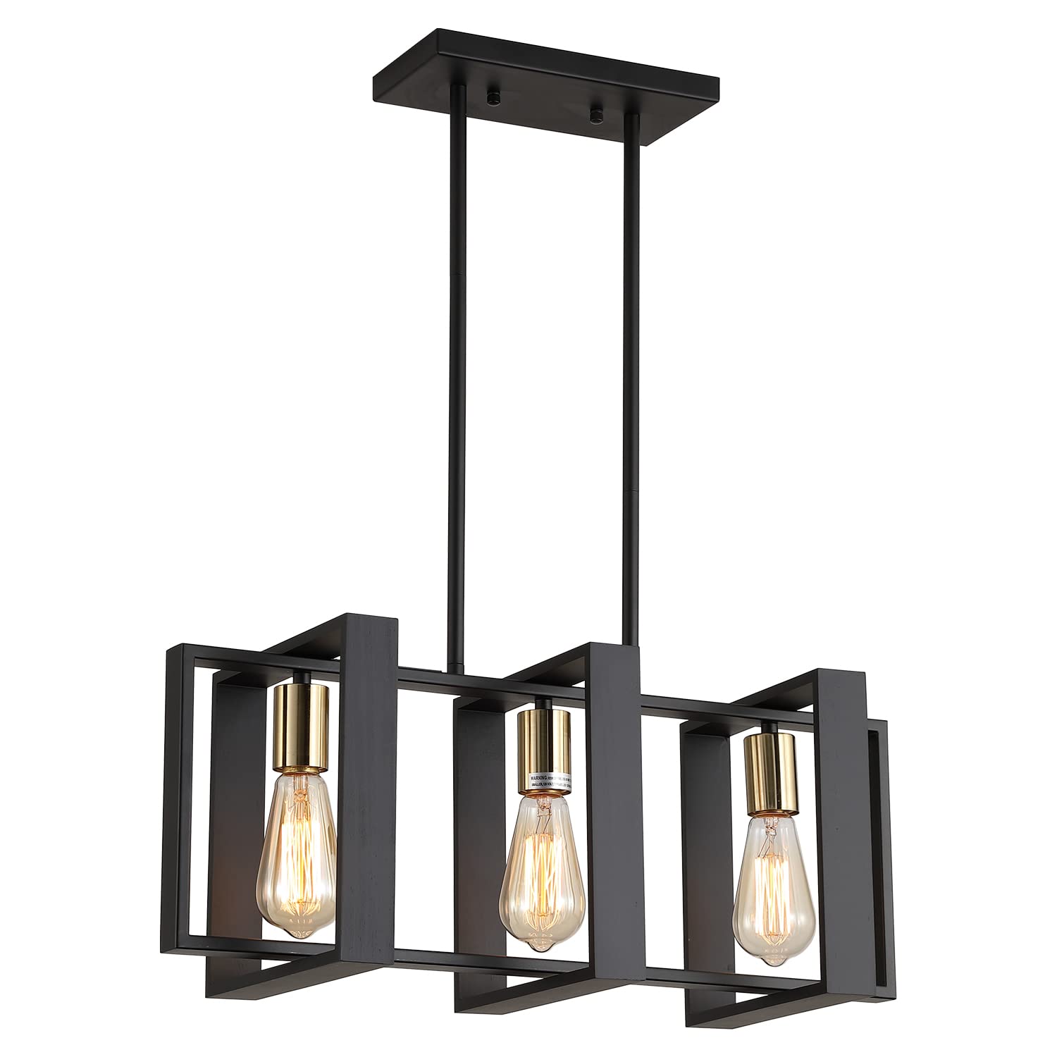 9MMML 3 Lights Kitchen Island Lighting, Modern Rectangle Linear Pendant Light, Black Frame+ Gold Socket Chandelier for Dining &Living Room Foyer Entryway Hallway,E26,Height Adjustable.