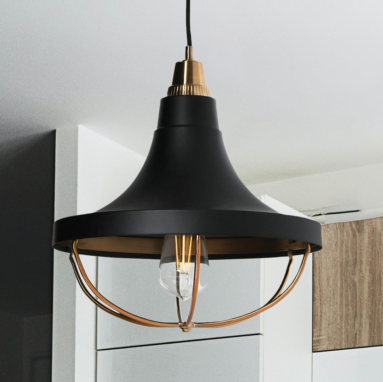 Caged Dome Metal Semi-Flush Mount Ceiling Light, Brushed Brass and Navy Blue