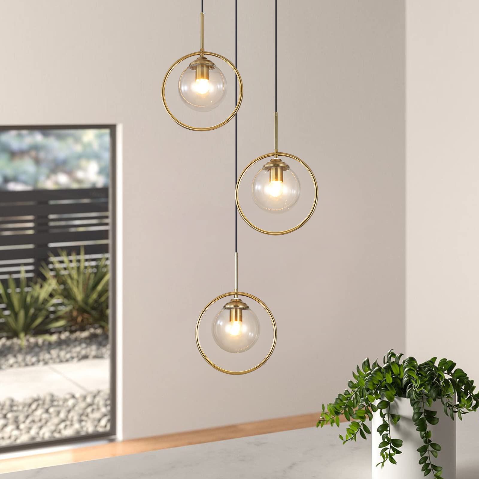 3 Light Pendant Lighting Modern Amber Glass Pendant Light Adjustable Hanging Pendant Lights Ceiling Lighting Fixture for Kitchen Dining Room Living Room Foyer Hallway