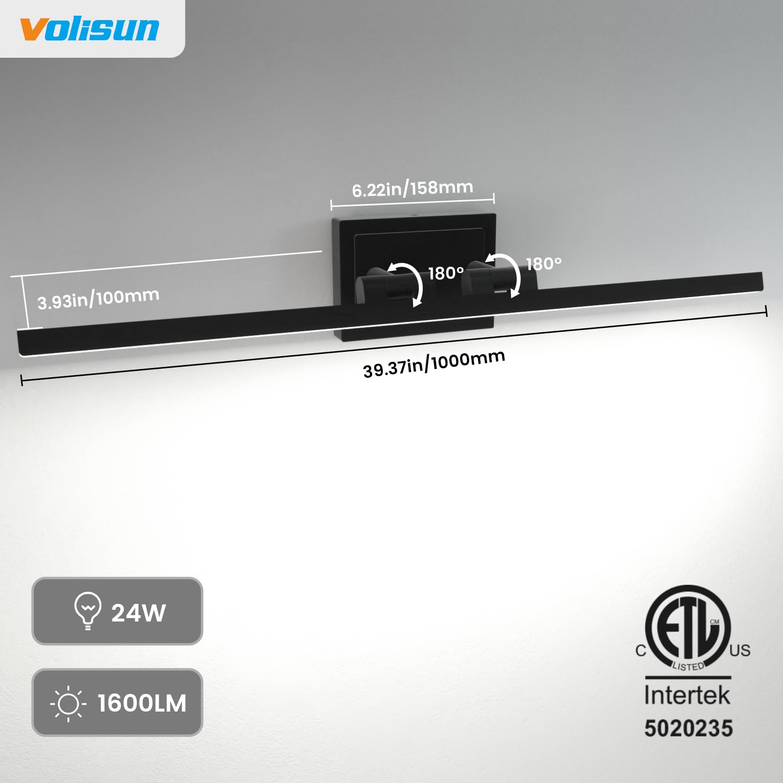 Modern Bathroom Vanity Light 24 inch, Rotatable, 14W Dimmable 5CCT Led Bathroom Light Fixture Over Mirror, Black Bar Vanity Light for Bathroom Mirror Restroom-ETL Certificated