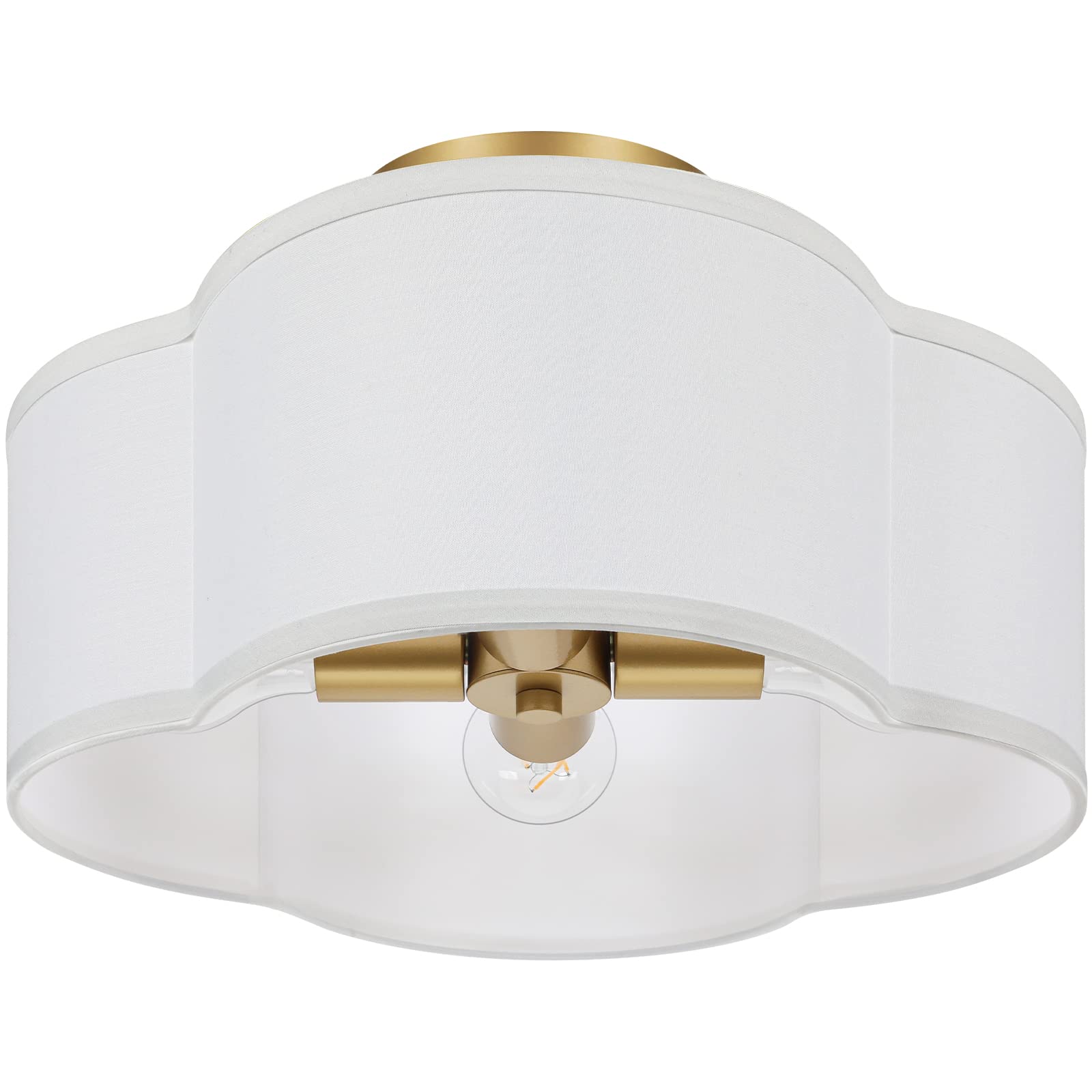 4-Light Semi Flush Mount Ceiling Light Fixture, Gold Modern Close to Ceiling Lamp with White Fabric Shade, Farmhouse Bright Lighting Brass Finish for Nursery Kids Room Bedroom Kitchen Hallway Entryway