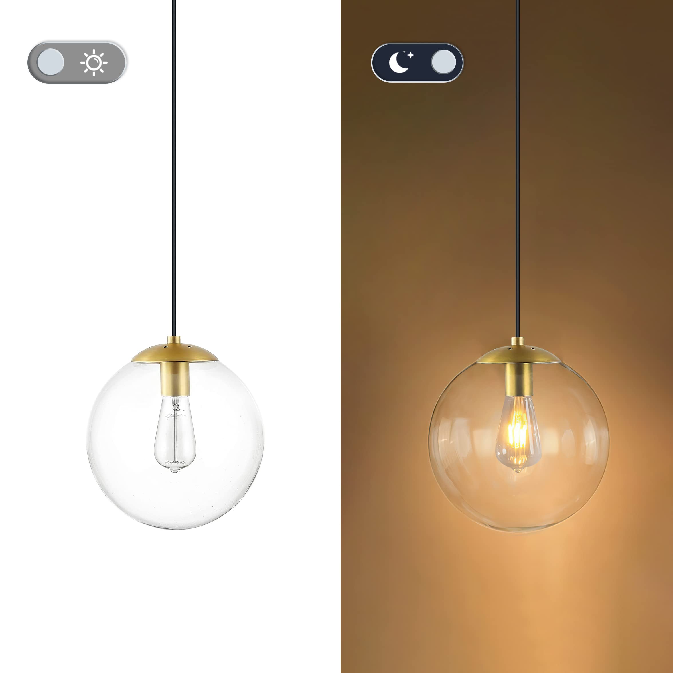 6-inch Mini Modern Globe Pendant Light Clear Glass with Brass Finish Contemporary Mid Century Adjustable Hanging Light Fixture for Living Room Bedroom Kitchen