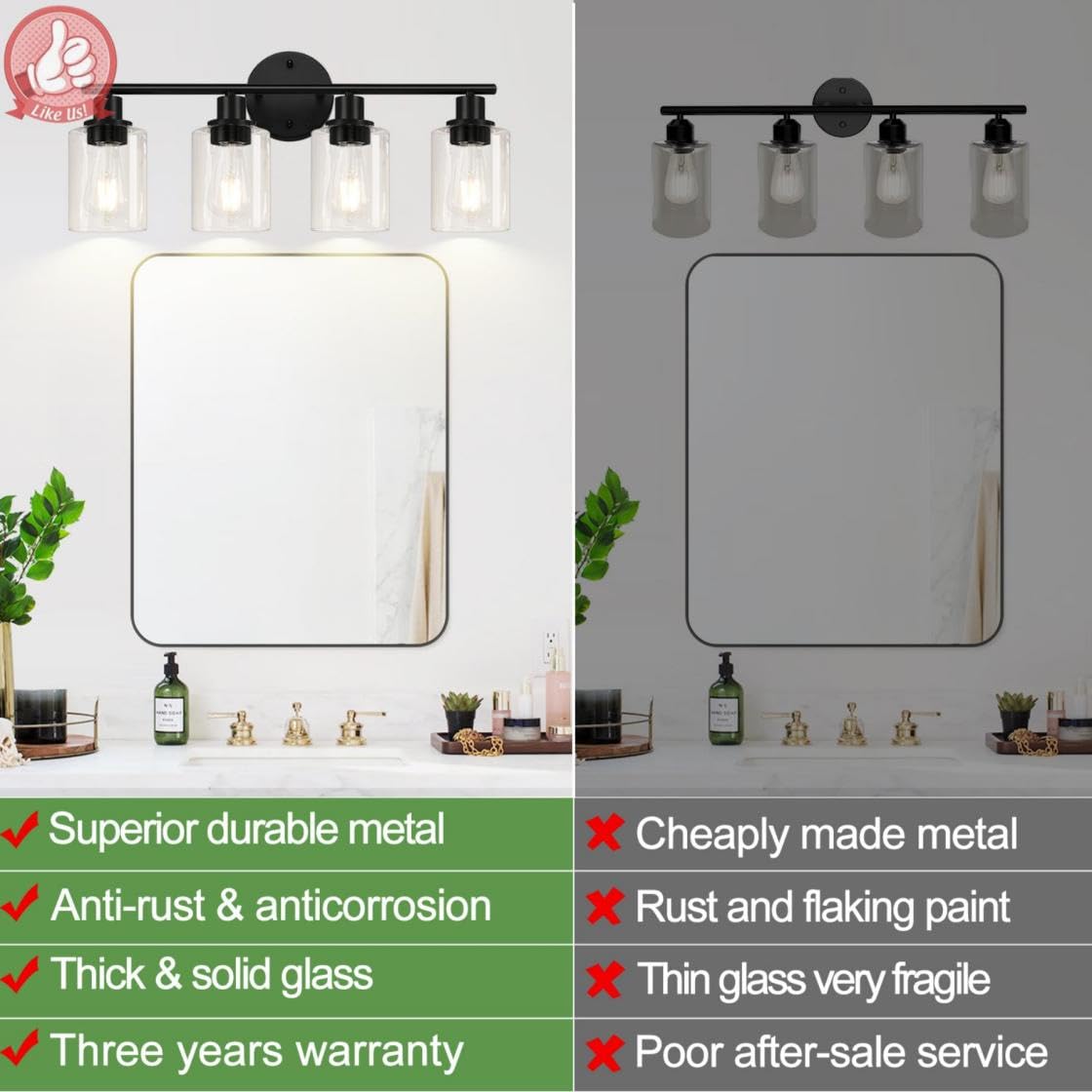 3-Light Bathroom Light Fixtures, Black Modern Vanity Lights with Clear Glass Shade, Bathroom Wall Lamp for Mirror Kitchen Living Room Hallway Cabinet Porch