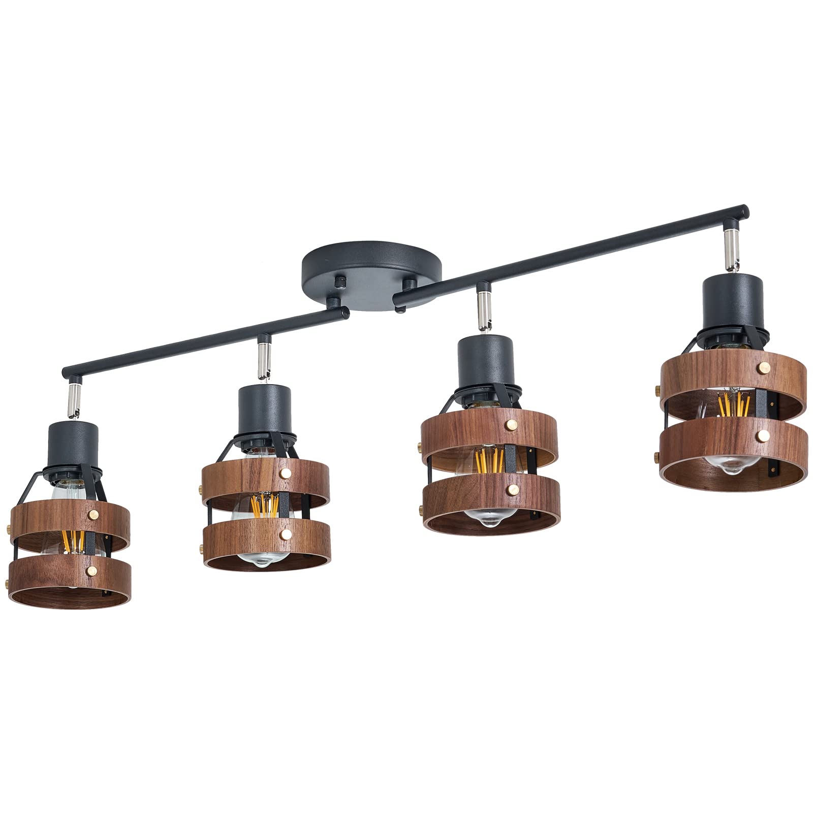 Modern 4 Light Track Lighting Kit, Matte Black Finish and Natural Wood Lampshade Ceiling Light Fixture, Flexibly Rotatable Light Head, for Kitchen, Hallway, Living Room