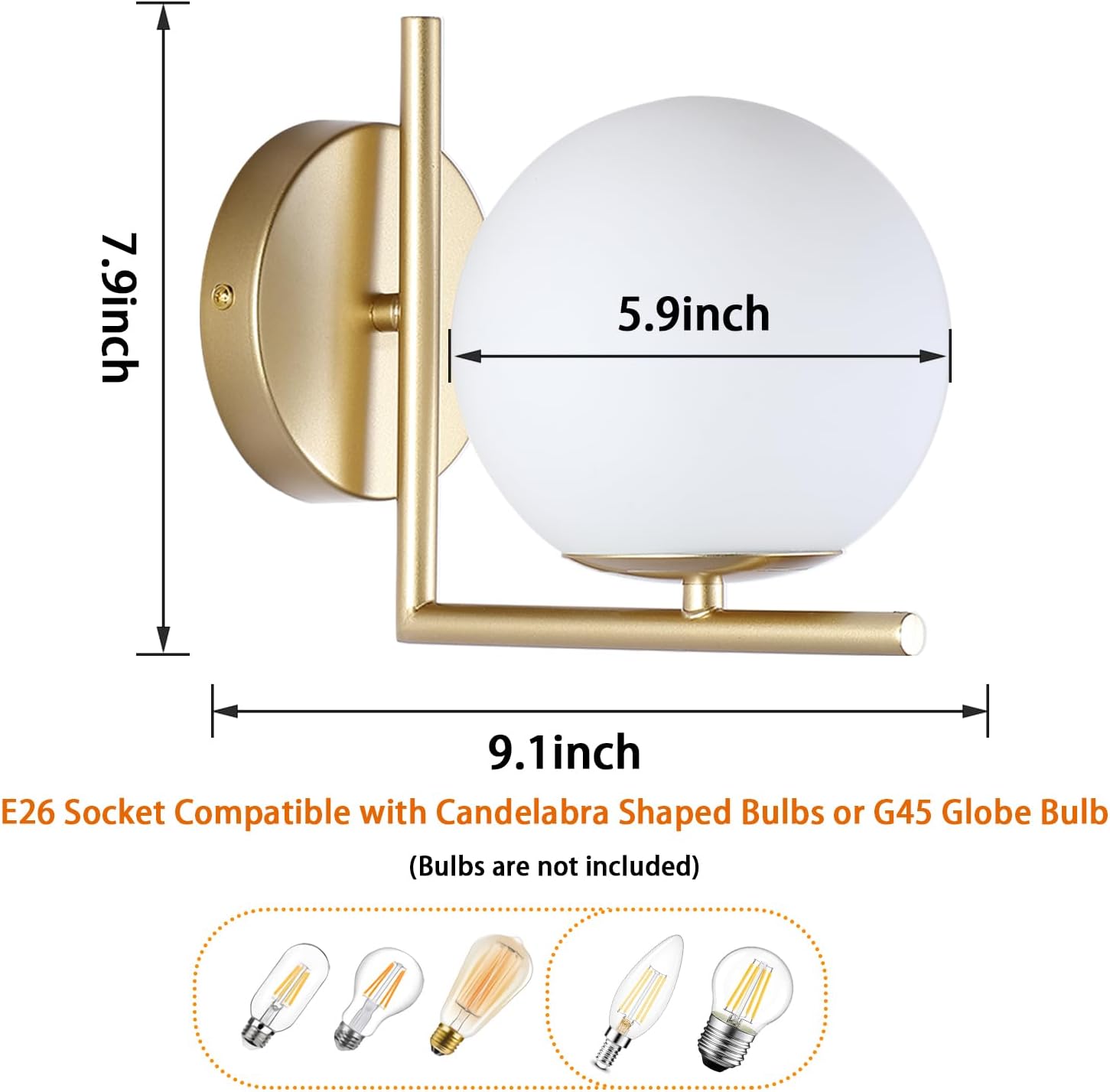 Gold Mid Century Wall Sconces Set of Two,Modern Sconces Wall Lighting Decor with Globe Milky White Glass Shade for Bedroom Kitchen Hallway Living Room Bathroom Vanity Light Fixture