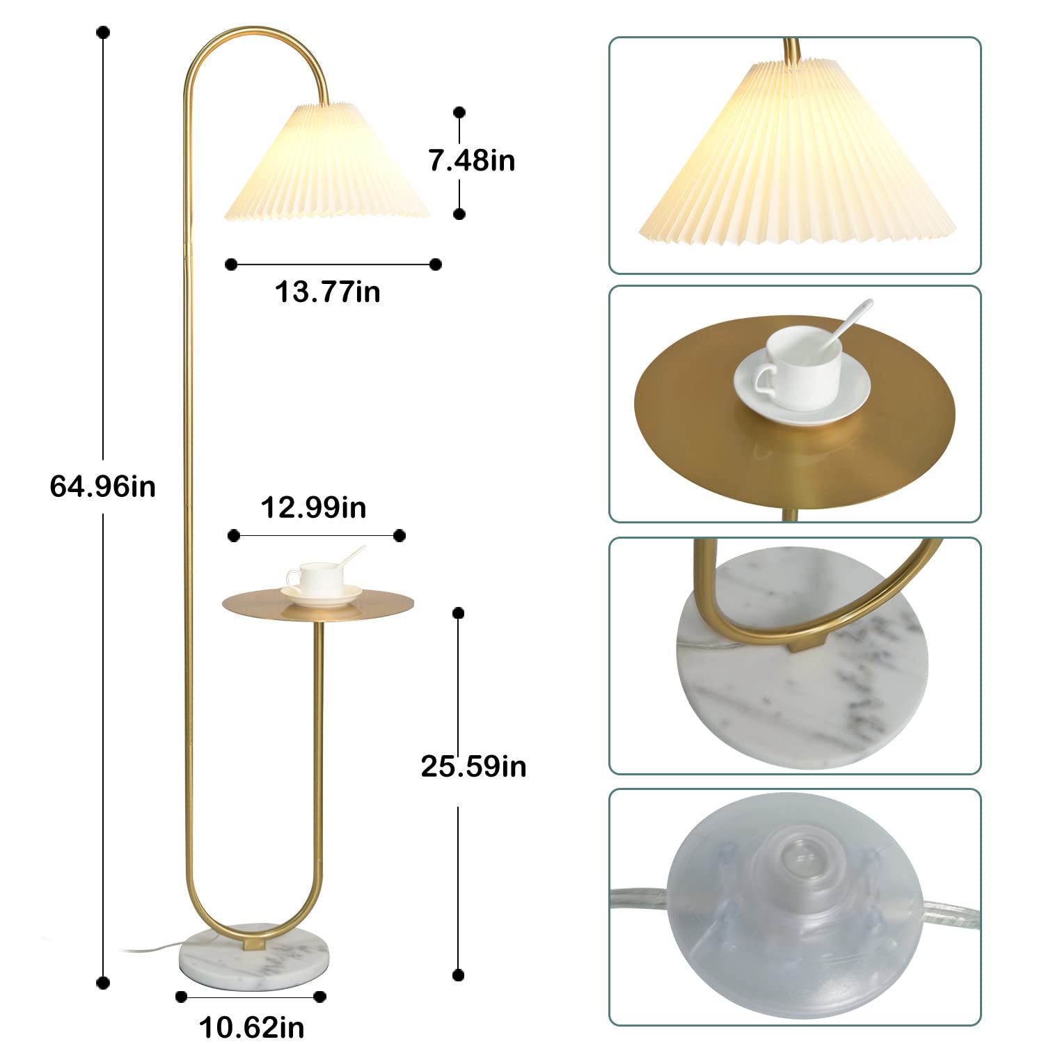 Modern Elegant with Tray Floor Lamp for Office Cafe Den Living Room Bedroom, Foot Switch and Brass/Gold Finish,Light Yellow Pleated Cloth Lampshade