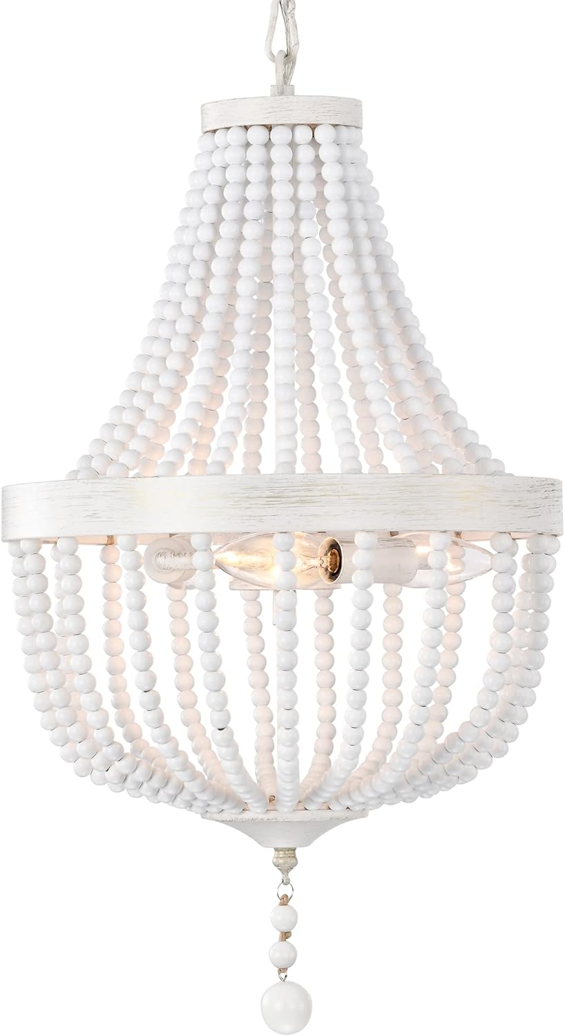 Wood Beaded Chandelier White Chandelier Lighting Small Boho Chandelier Light Fixtures Ceiling 3 Lights Farmhouse Chandelier for Living Room,Bedroom,Dining Room,Nursery