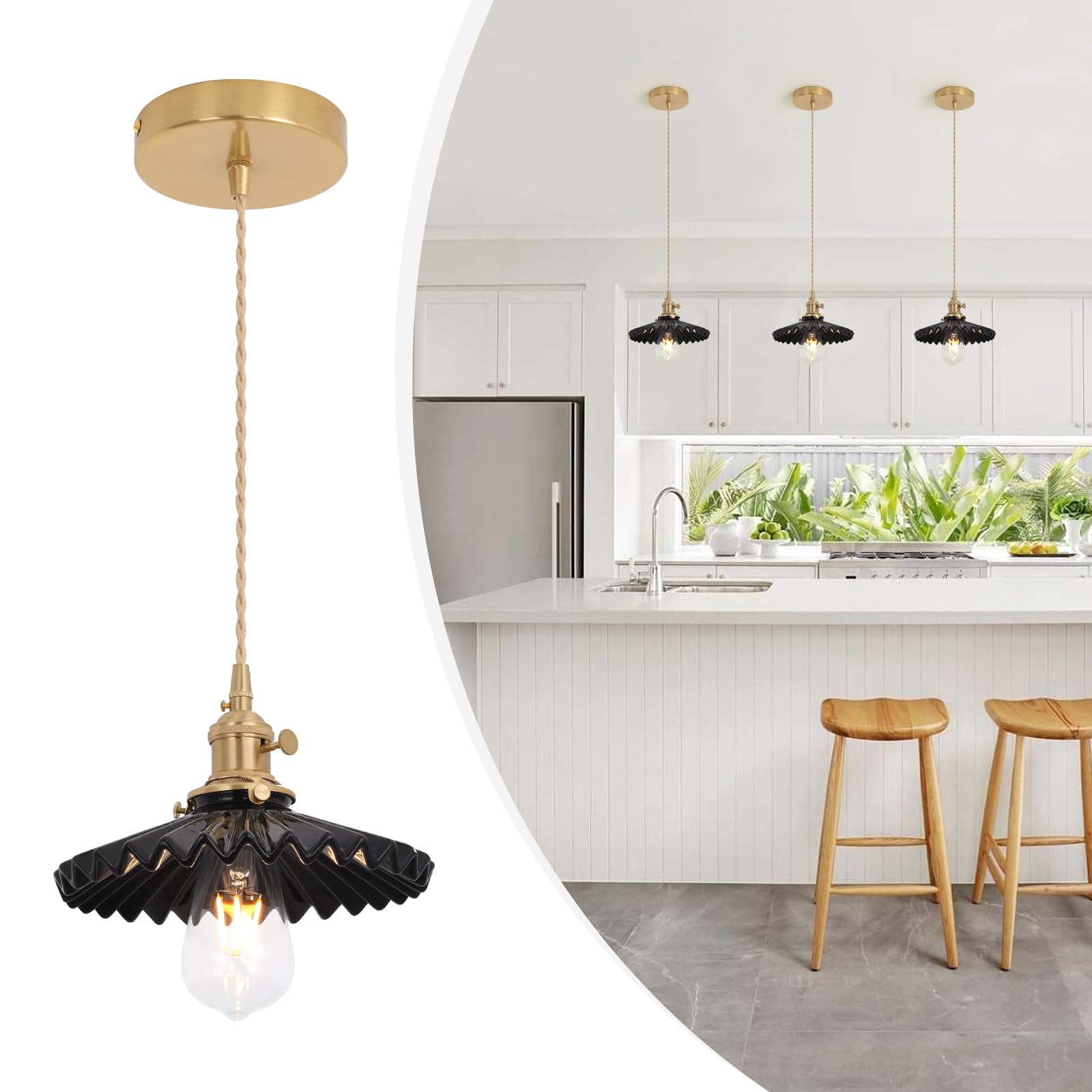 Pendant Light with White Pleated Ceramic Lmapshade, Brass Vintage Pendant Light Adjustable Hanging Light for Kitchen Island Dining Room Hallway 7.87 Inch Diam