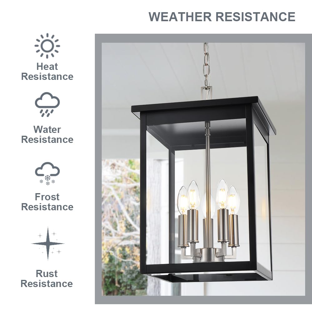 3-Lights Large Outdoor Pendant Lighting Clear Glass, Ceiling Porch Light Fxitures Adjustable Chain for Foyer Patio, Exterior Hanging Lantern Lamp, E12 Bulb Base, Black & Bruhed Brass