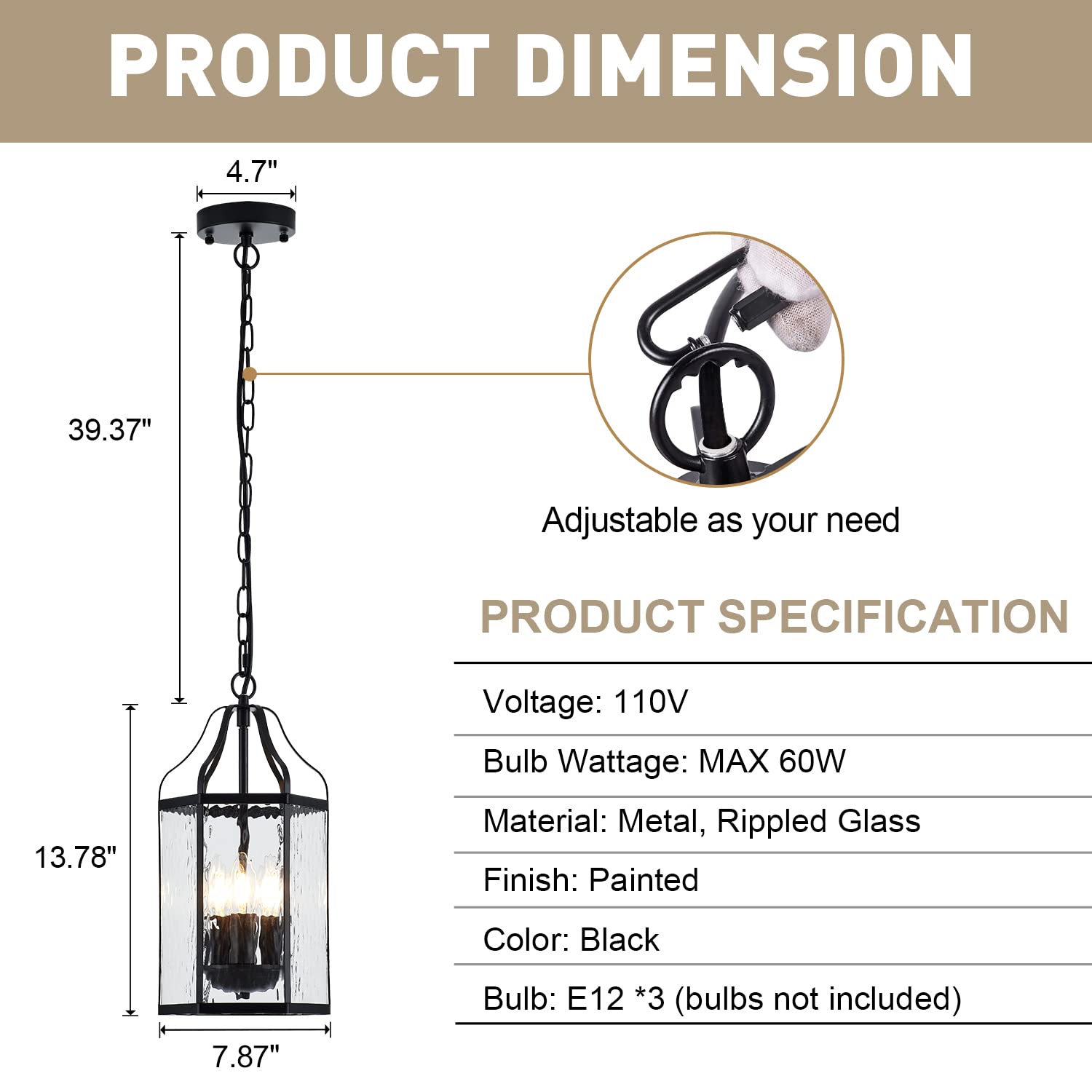 8" Modern 3-Light Exterior Black Lantern Pendant Light Fixture with Clear Rippled Glass Mini Industrial Hanging Cage Chandelier for Outdoor Kitchen Dining Room Hallway Entryway Foyer Porch