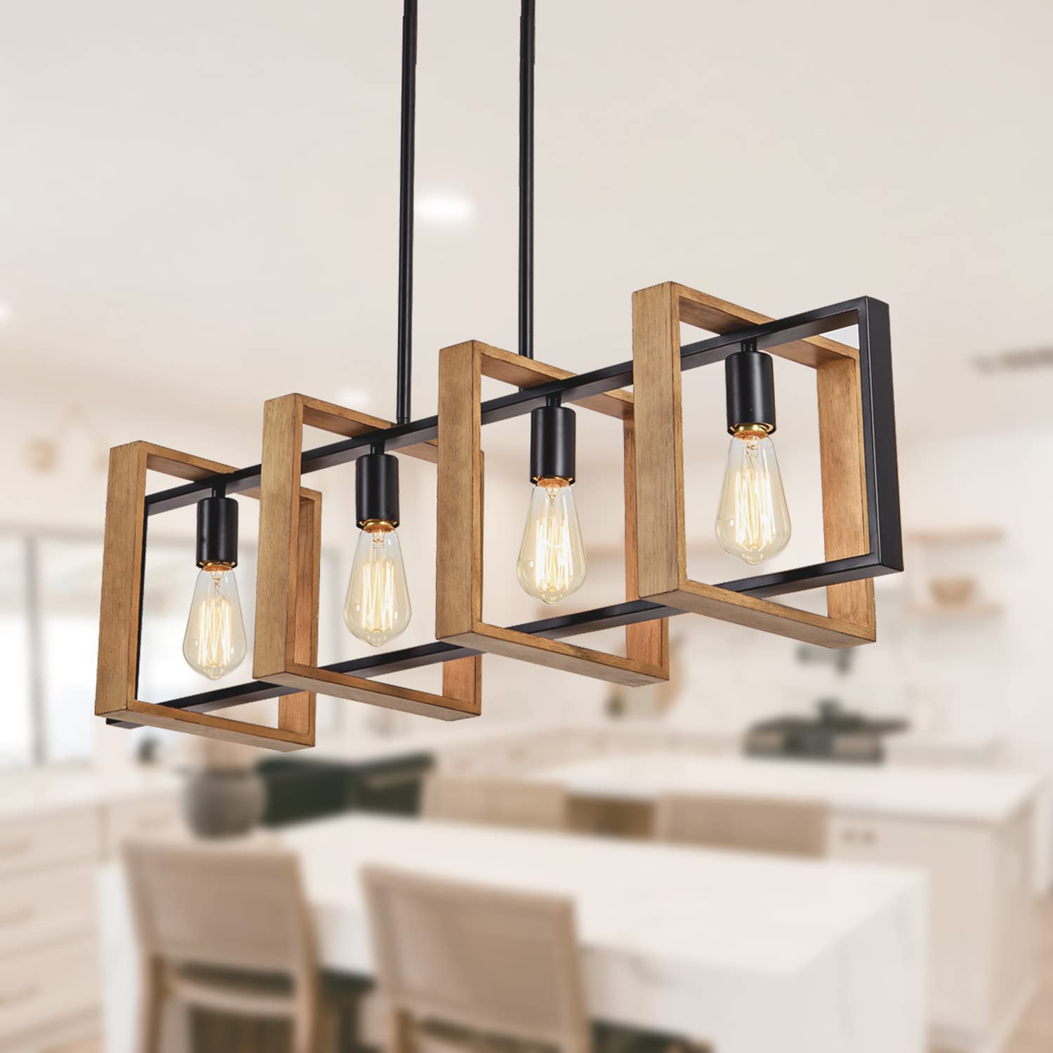 Farmhouse Kitchen Island Lighting Black Chandeliers for Dining Room Wooden Island Lights,Industrial Rectangle Light Fixtures Ceiling Hanging (4 Lights)