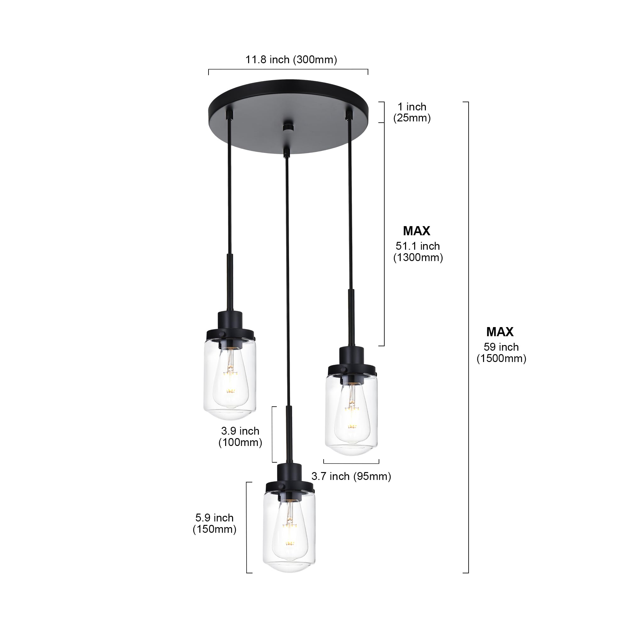 3-Light Linear Hanging Pendant Lighting for Kitchen Island, Black Dining Room Light Fixtures Over Table Linear Chandelier with Clear Glass Shade, Adjustable Height