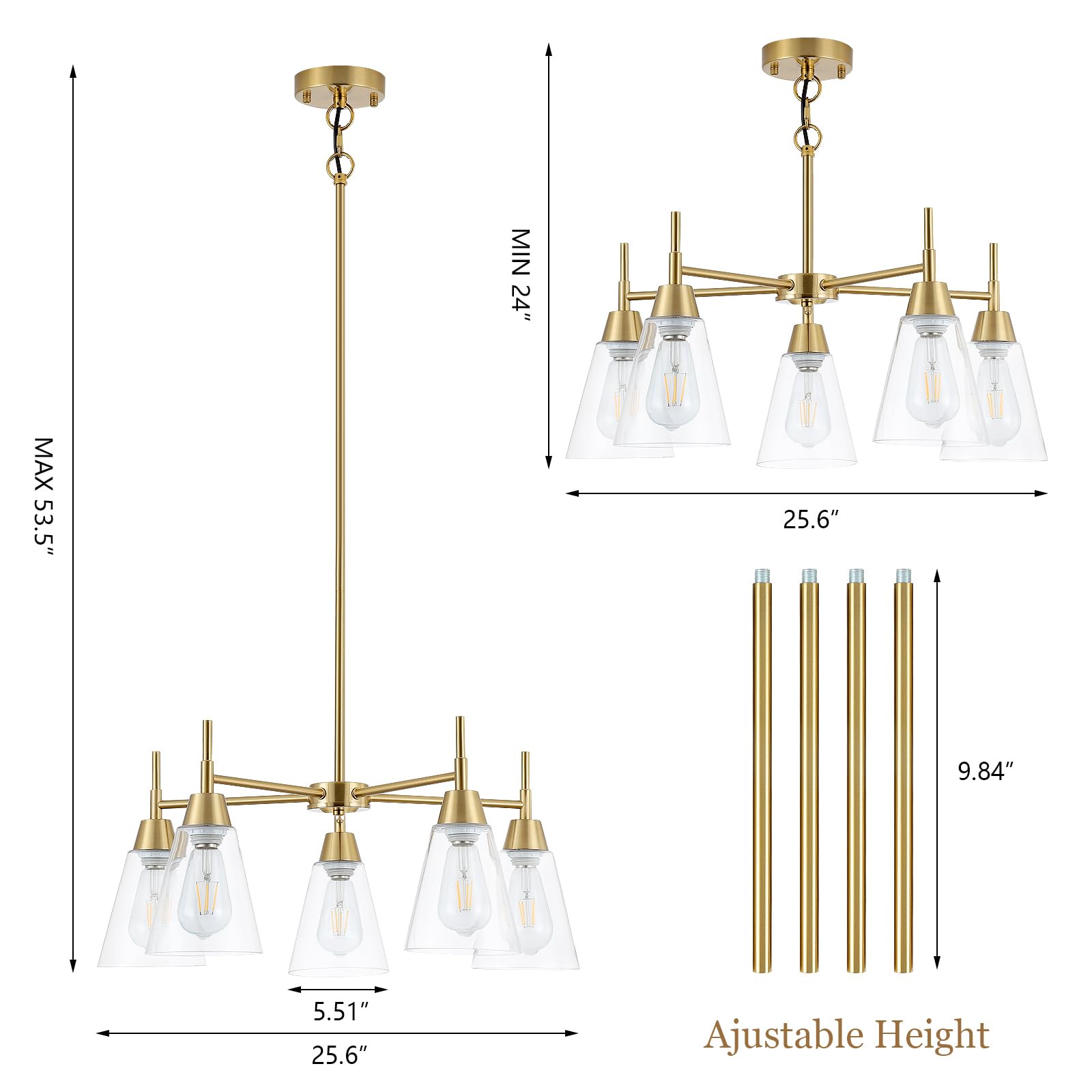 5-Light Gold Chandeliers for Dining Room,Modern Brass Chandelier Kitchen Island Light Fixtures Over Table,Pendant Ceiling Hanging Lighting with Clear Glass Shade for Entryway Foyer Hallway