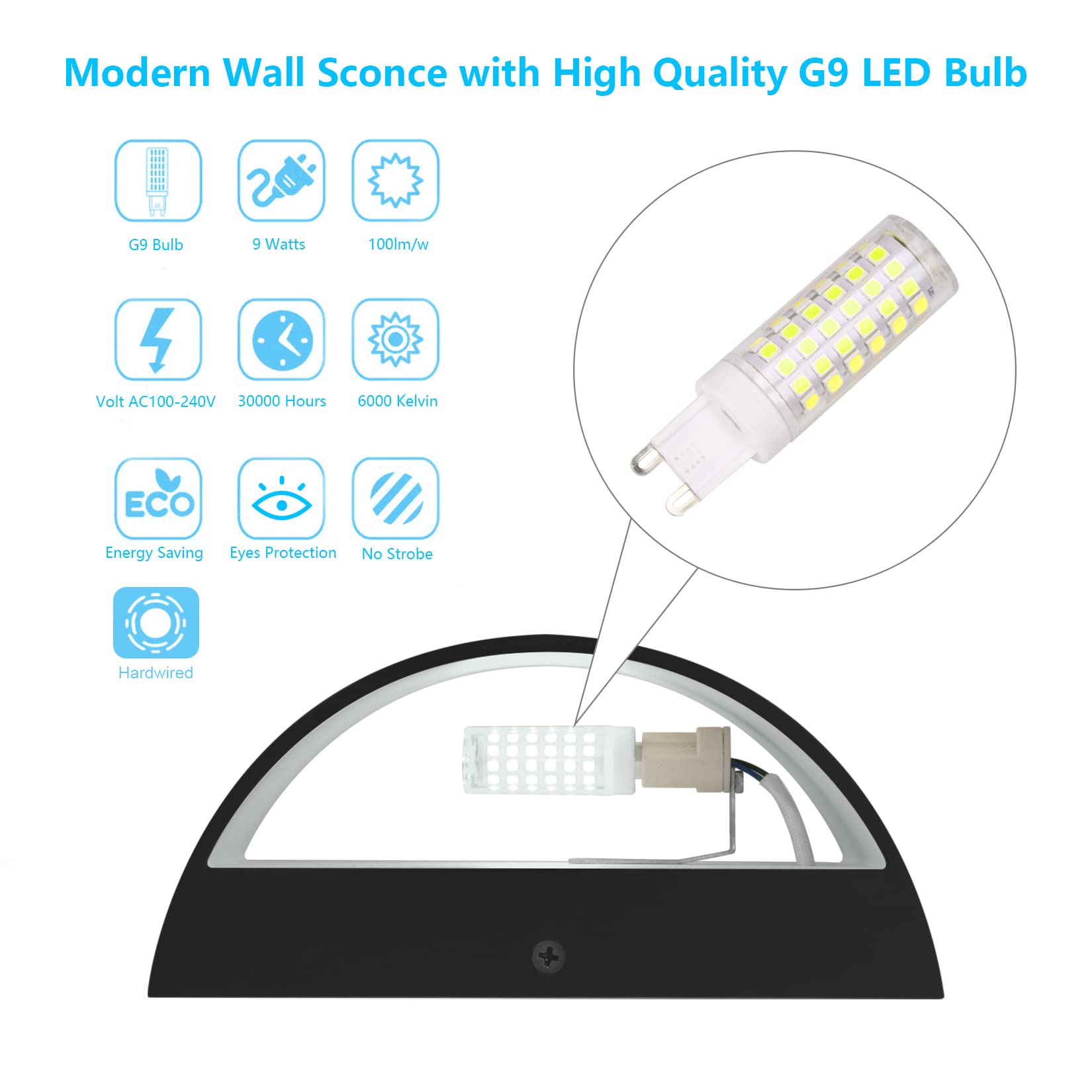 Black Modern LED Wall Sconce Indoor Wall Lights 1 Pack Hardwired Up and Down Wall Mount Light for Living Room Bedroom Hallway Corridor Conservatory Warm White 3000K(with G9 Bulbs)