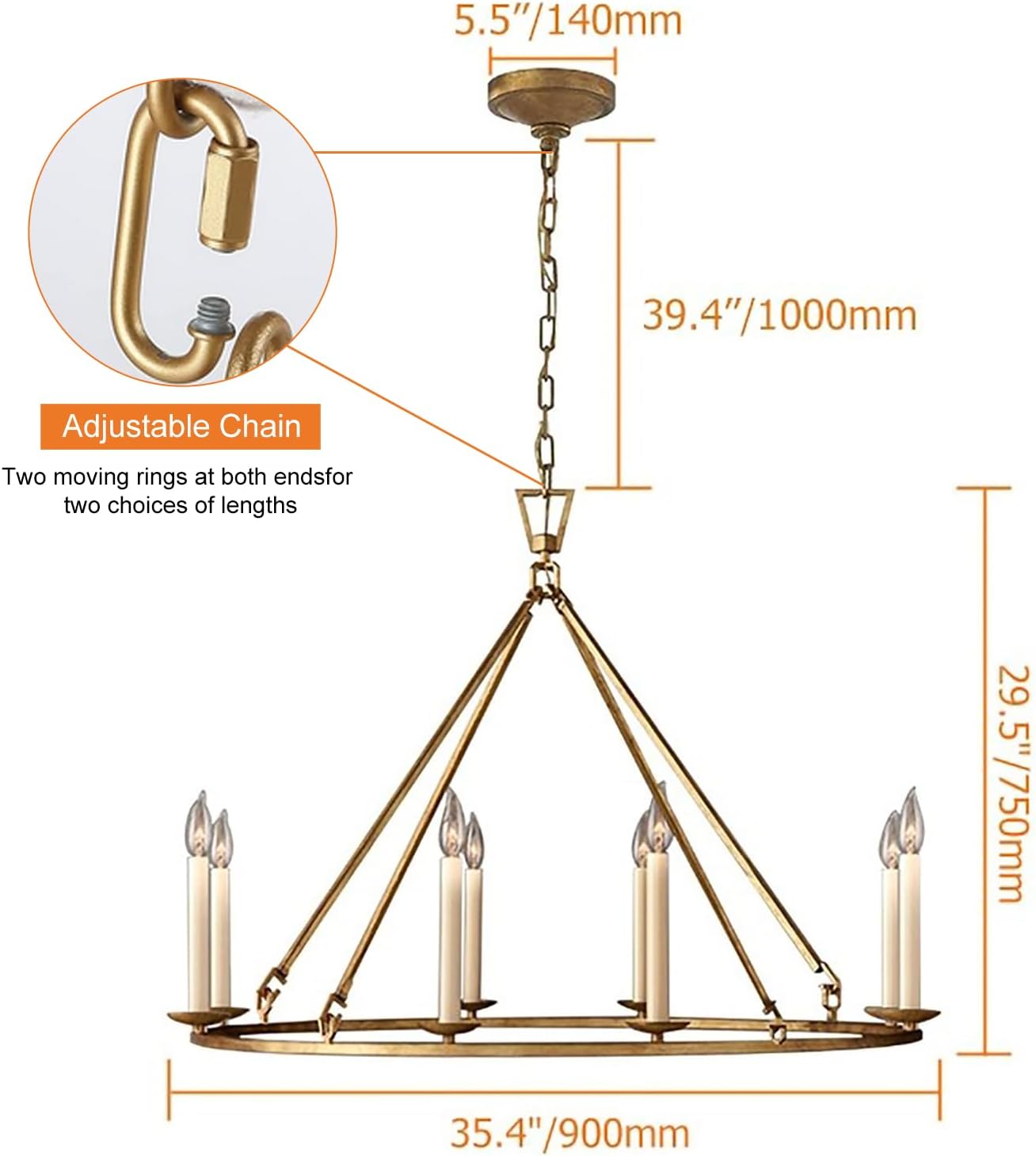 Rustic 35.4'' Chandeliers Candle-Shaped 8-Light Metal Chandelier Lighting Antique Brass Round Ceiling Hanging Light Fixture (8-Light)