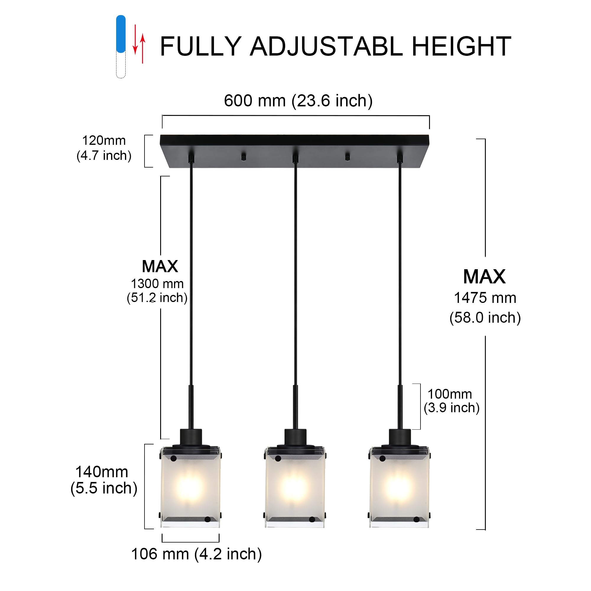 Black Pendant Lights Kitchen Island, 3-Light Dining Room Light Fixtures Hanging Contemporary Linear Chandeliers for Dining Room Hallway with Rectangular Frosted Glass Shade