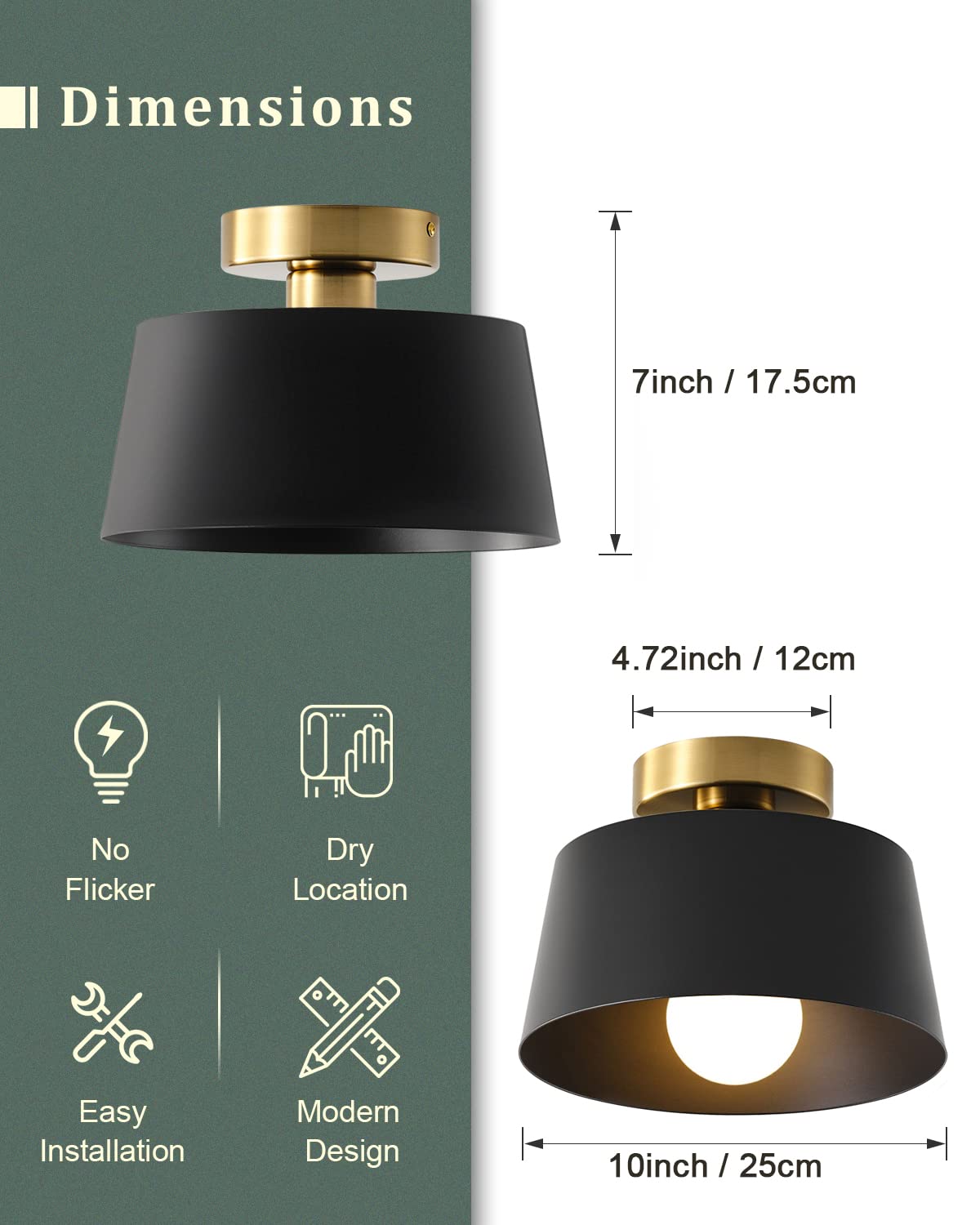 Ceiling Light Fixture, Hallway Ceiling Light with Gold Plate and Matte Black Shade, Modern Simple Style Porch Light Fixtures Semi Flush Mount (Black)