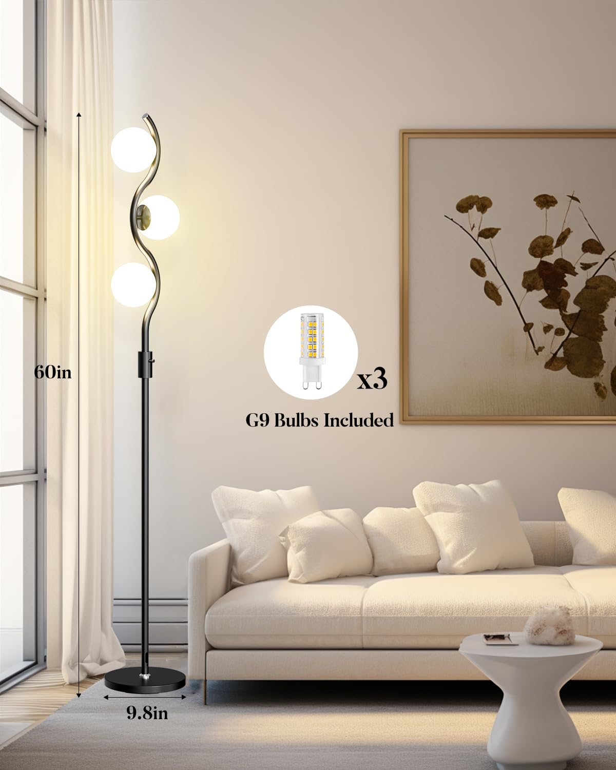 Dimmable Globe Floor Lamp, Gold Standing Lamps with 4PCS 3000K G9 Bulbs Soft Warm White Eye Care, Mid Century Modern Floor Lamp for Living Room