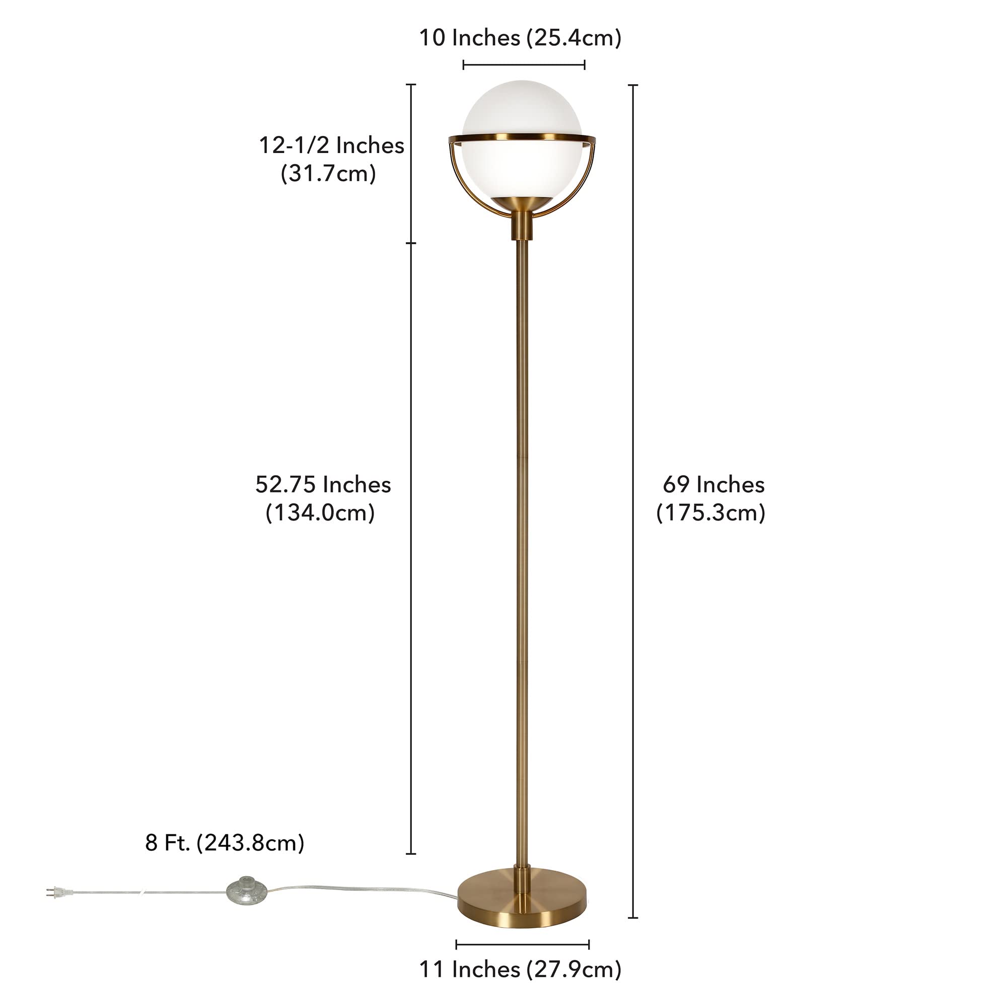 Cieonna Globe & Stem Floor Lamp with Glass Shade in Brass/White, 68" Tall