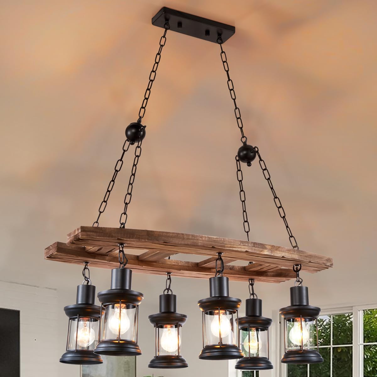 8 Lights Industrial Retro Wooden Chandelier Pendant Light Island Hanging Ceiling Fixture Vintage Farmhouse Wood Light Adjustable Chain for Home Cafe Bar Restaurant (39.4")