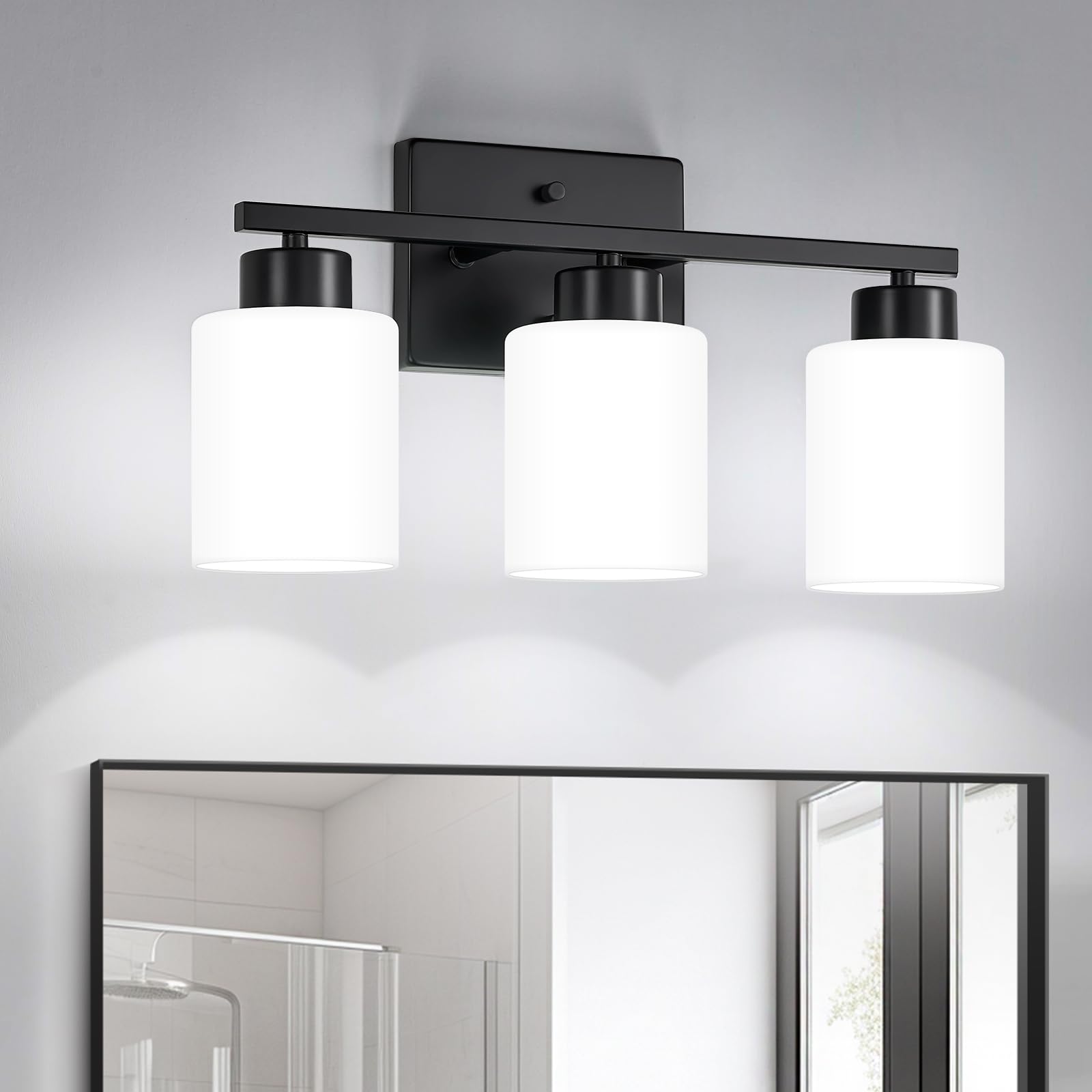 Brushed Nickel Bathroom Light Fixtures, 3-Light Modern Vanity Light Over Mirror, Wall Sconces with Milky White Frosted Glass Shades, E26 Socket (Bulbs Not Included)