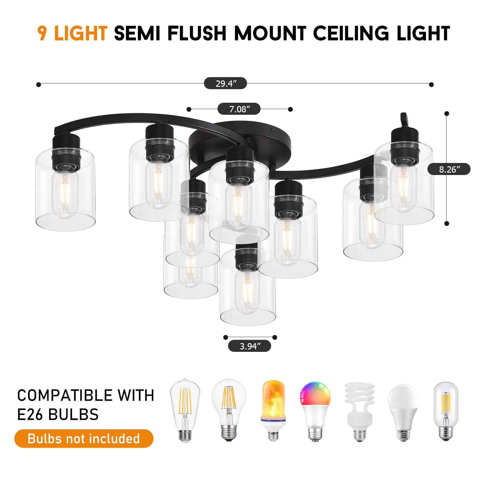 Semi Flush Mount Ceiling Light, 3-Light Close to Ceiling Light Fixtures, Black Kitchen Light Fixtures with Clear Glass Shades, Hallway Light Fixtures Ceiling Mount for Foyer Entryway